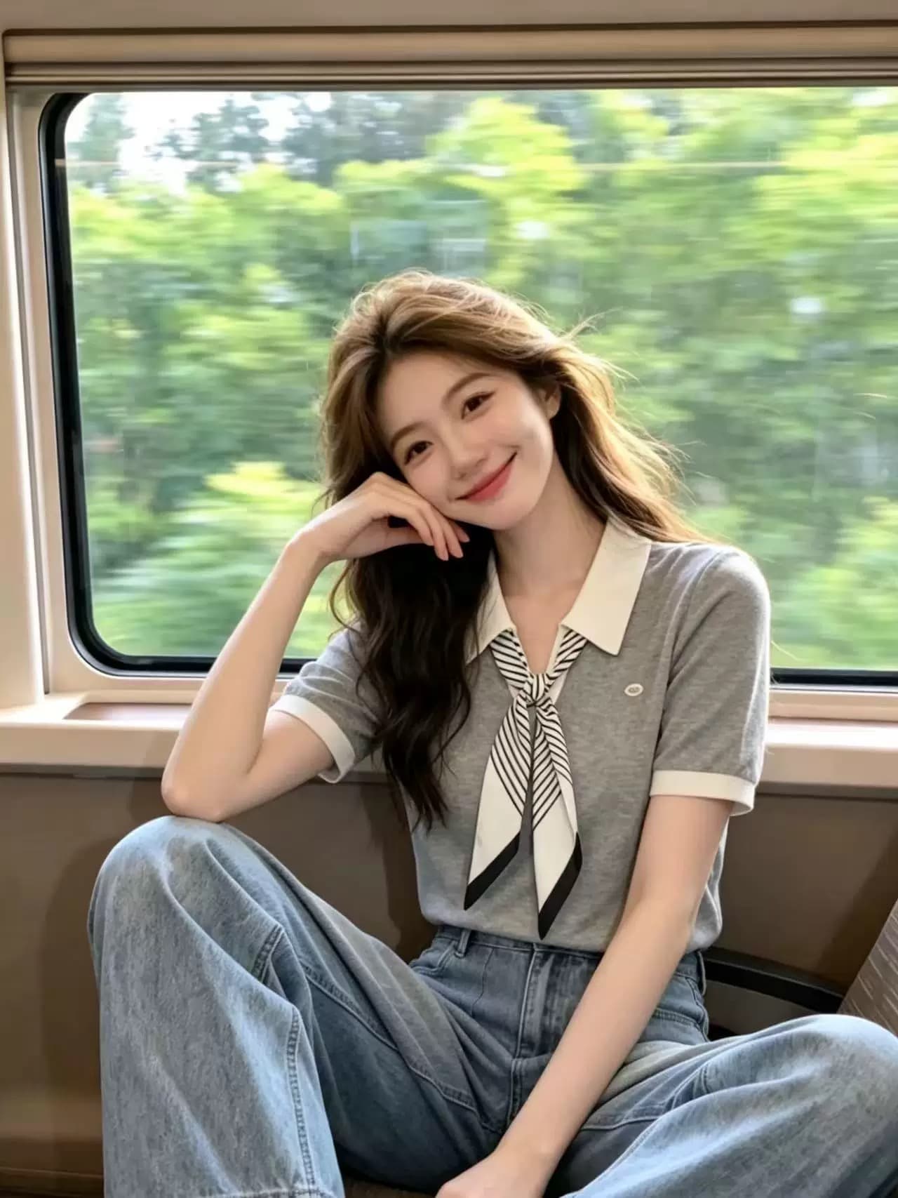 회색 POLO 칼라 반팔 니트 스웨터 여성 여름 2026 여름 새로운 배색 스카프 레이스업 폴로 칼라 동정 맨위 이미지 2