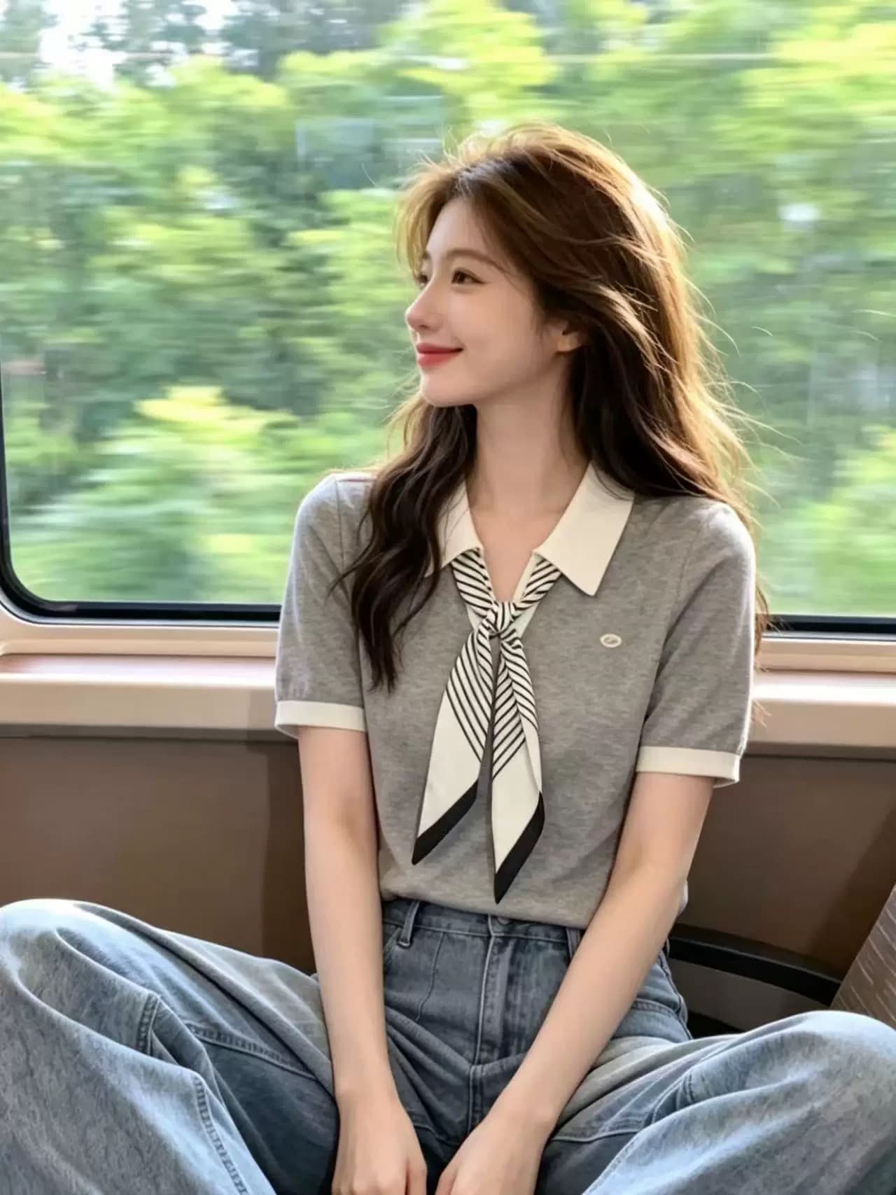 회색 POLO 칼라 반팔 니트 스웨터 여성 여름 2026 여름 새로운 배색 스카프 레이스업 폴로 칼라 동정 맨위 이미지 3