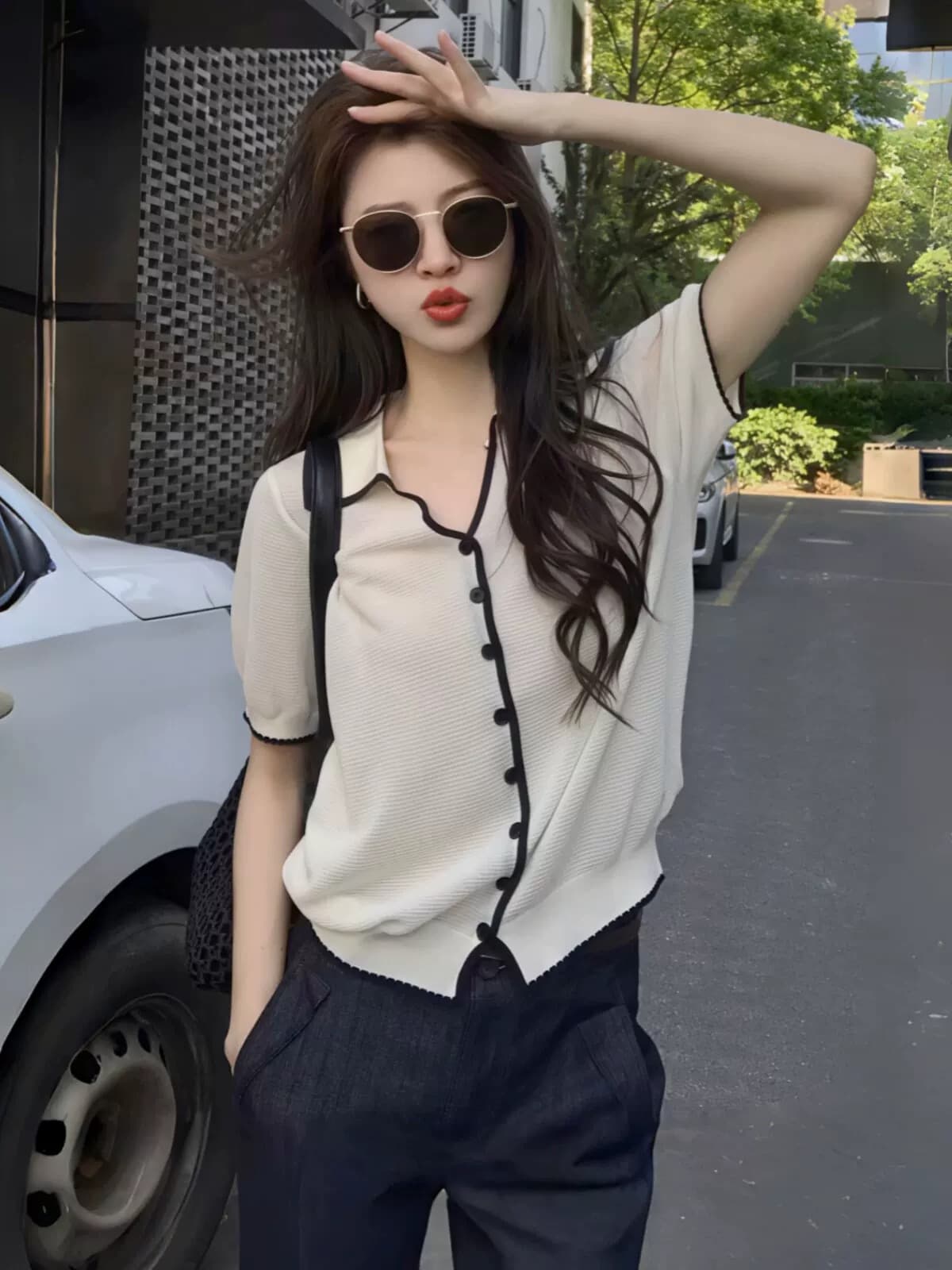 한 부서 착용 가져 가라. 배색 측면 폴로 칼라 반팔 니트 오픈 가디건 여성 여름 루즈핏 느긋한 느슨함 센스 품격 맨위 얇은 이미지 2