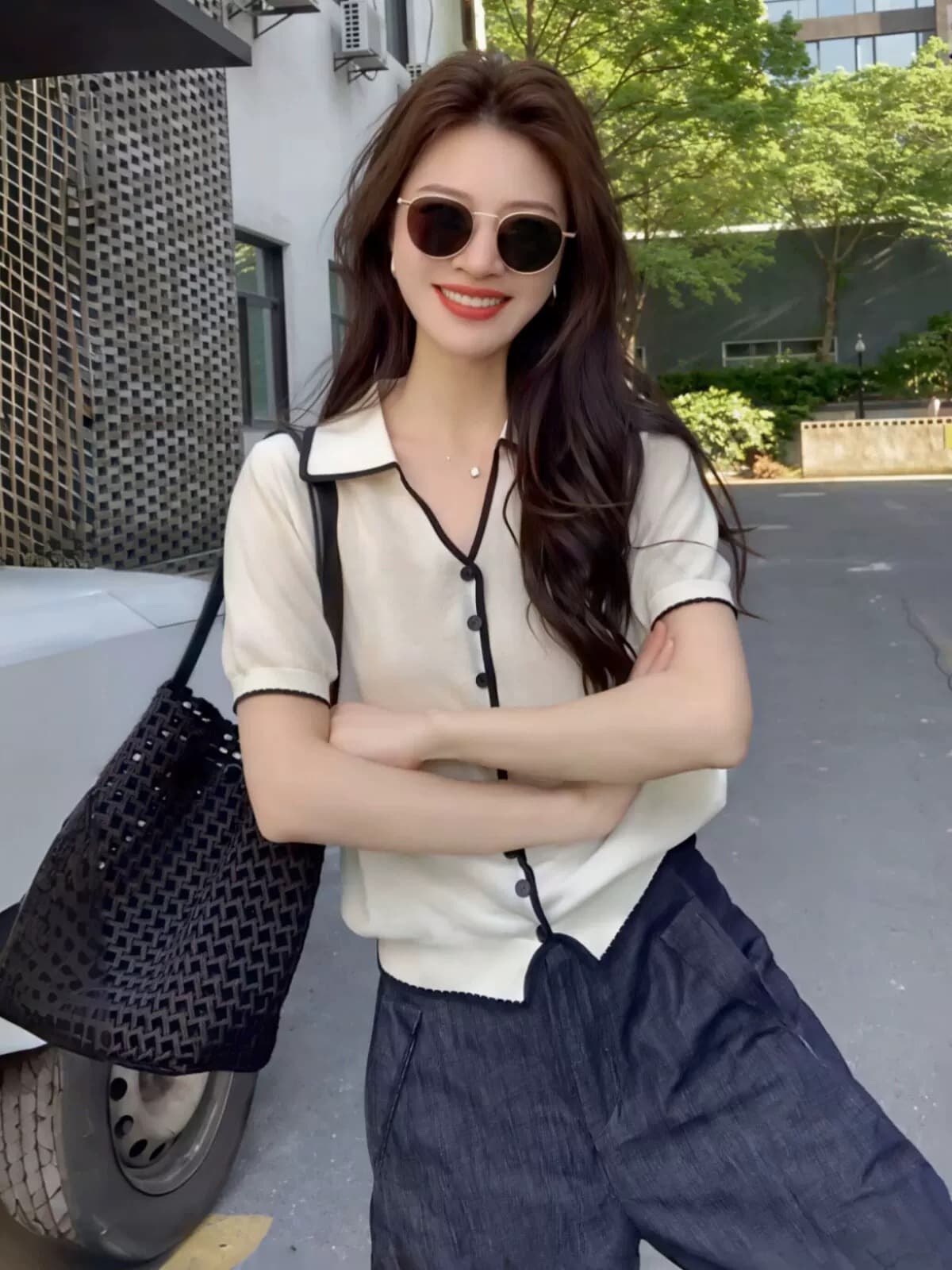 한 부서 착용 가져 가라. 배색 측면 폴로 칼라 반팔 니트 오픈 가디건 여성 여름 루즈핏 느긋한 느슨함 센스 품격 맨위 얇은 이미지 4