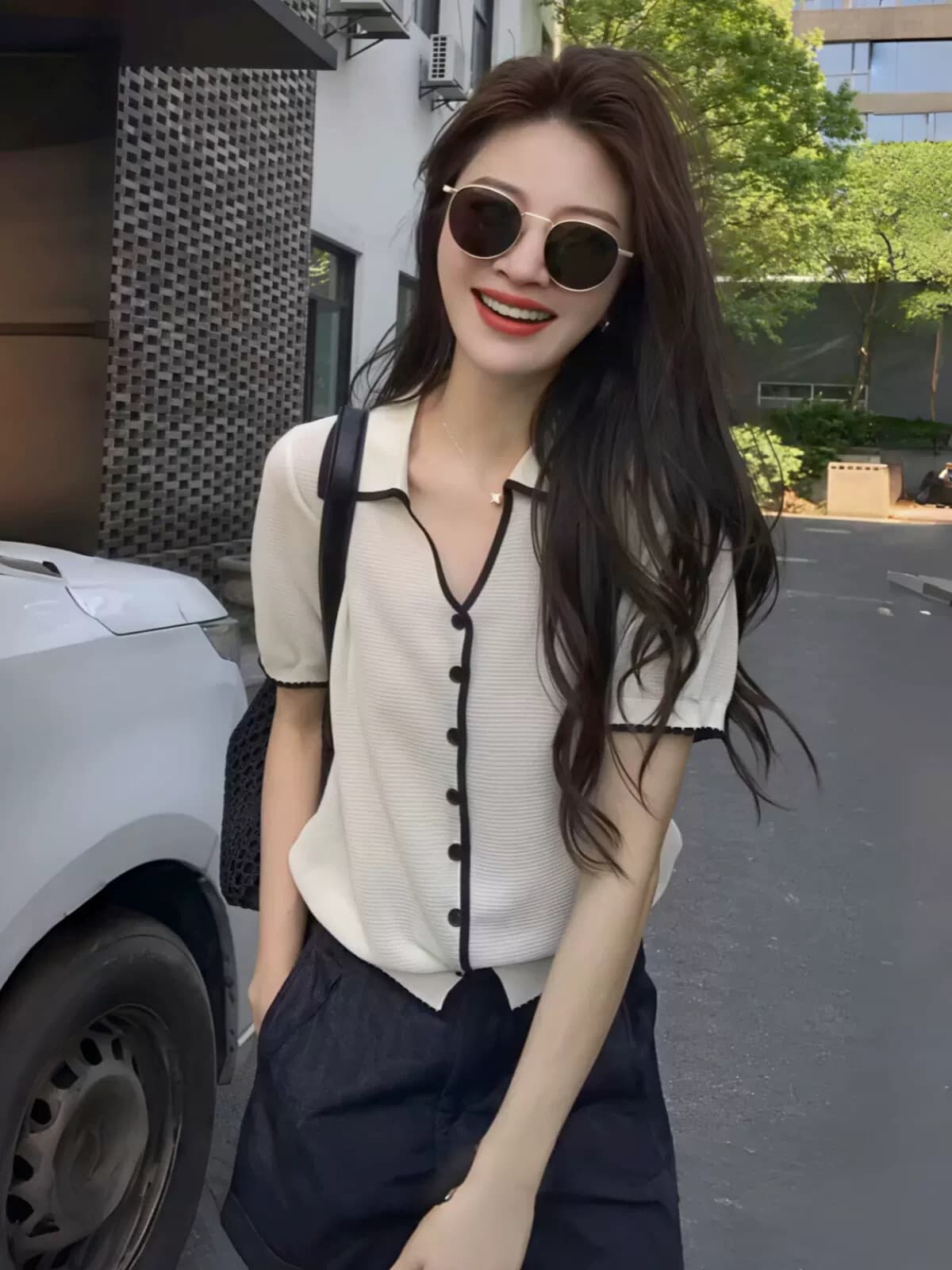 한 부서 착용 가져 가라. 배색 측면 폴로 칼라 반팔 니트 오픈 가디건 여성 여름 루즈핏 느긋한 느슨함 센스 품격 맨위 얇은 상세 이미지 3