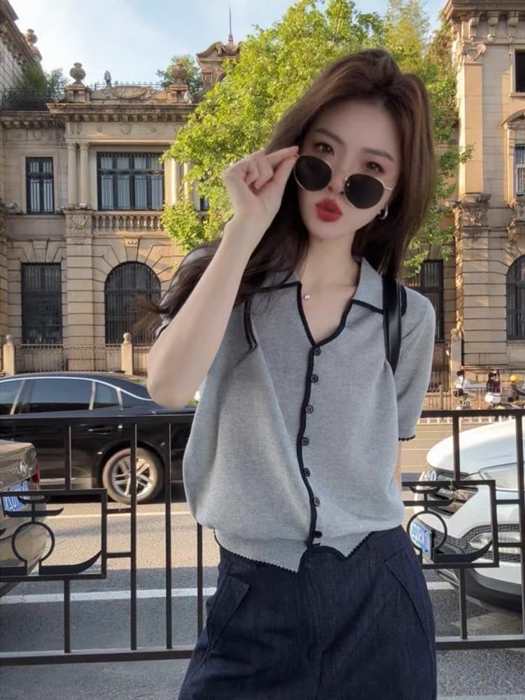 한 부서 착용 가져 가라. 배색 측면 폴로 칼라 반팔 니트 오픈 가디건 여성 여름 루즈핏 느긋한 느슨함 센스 품격 맨위 얇은 상세 이미지 5