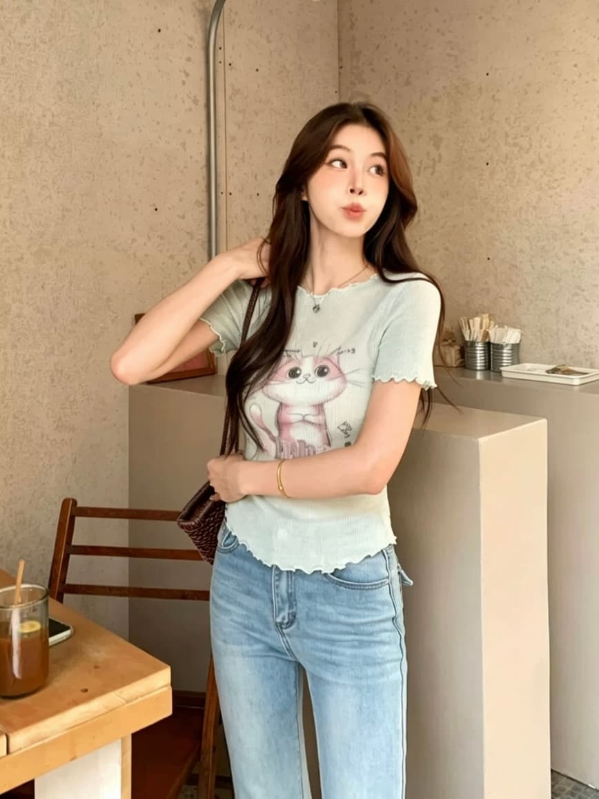여름 세련된 순수한 욕망 새끼 고양이 프린트 몸매 가꾸기 슬림해 보이는 프릴 부드러운 섬세한 니트 스웨터 부드러운 다용도 작은 셔츠 상세 이미지 5