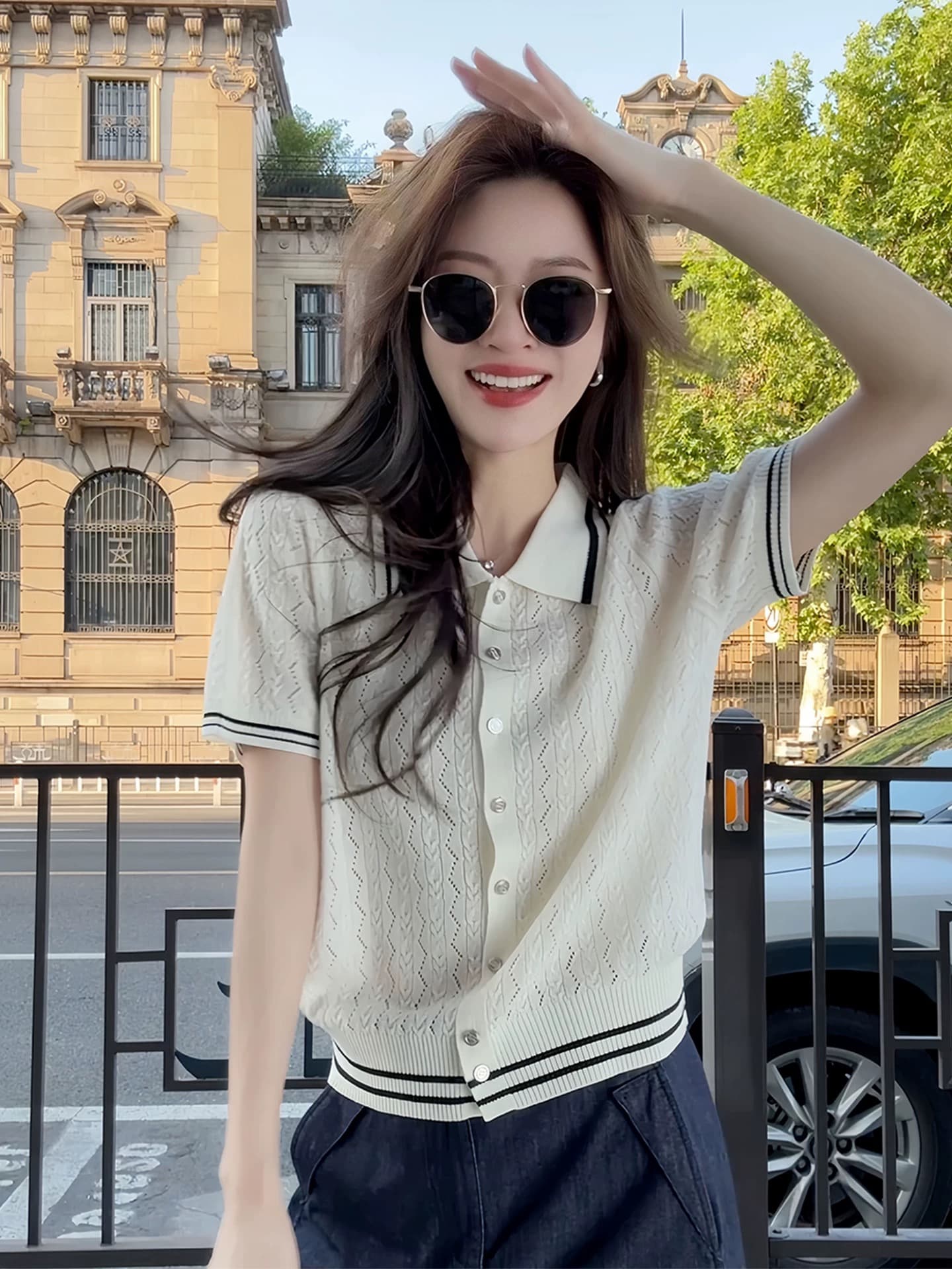 한 부서 POLO 칼라 화이트 스트라이프 니트 반팔 티셔츠 여성 여름 고급 센스 품격 다용도 홀로우 아웃 작은 맨위 이미지 2