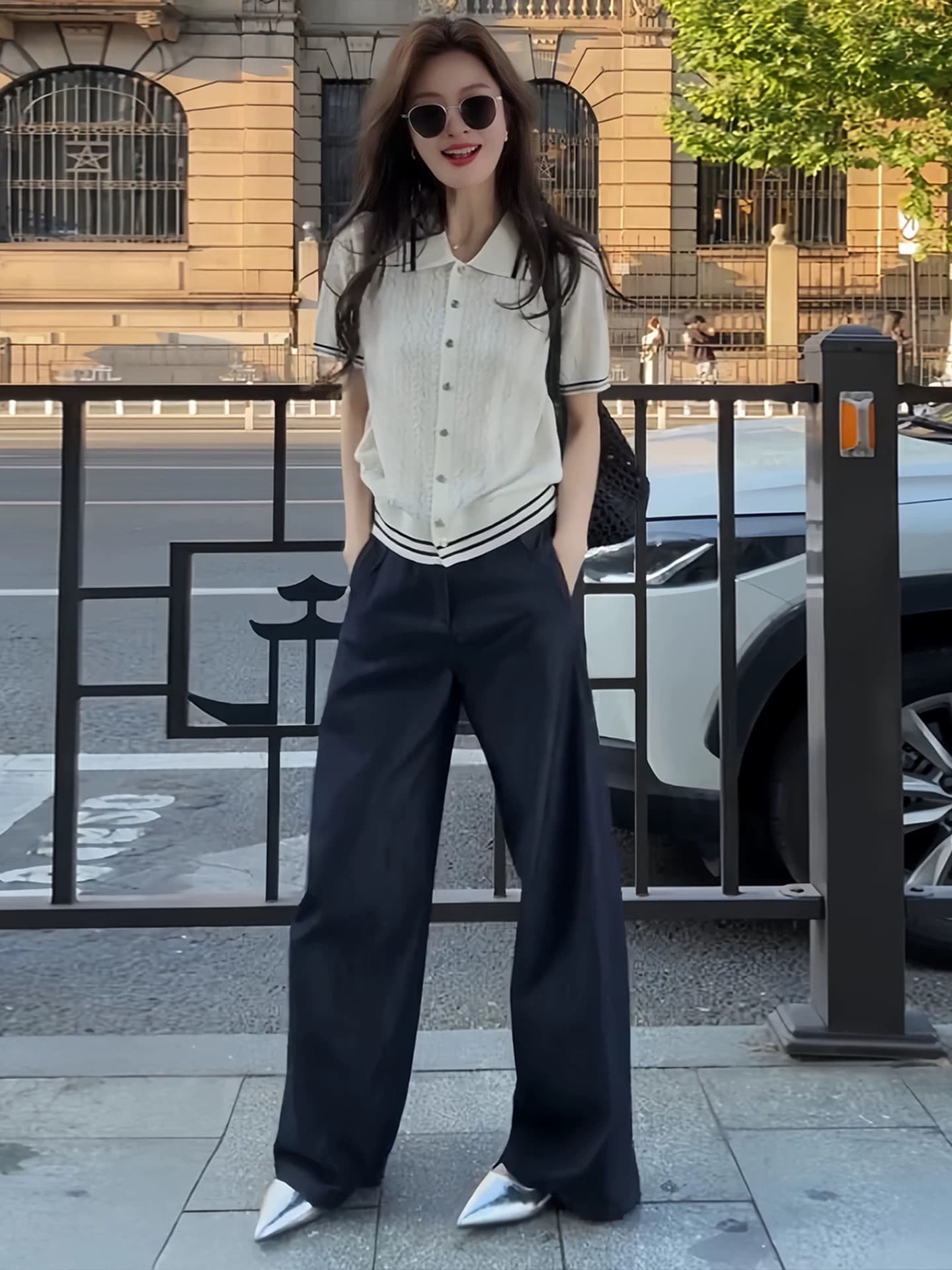 한 부서 POLO 칼라 화이트 스트라이프 니트 반팔 티셔츠 여성 여름 고급 센스 품격 다용도 홀로우 아웃 작은 맨위 상세 이미지 2