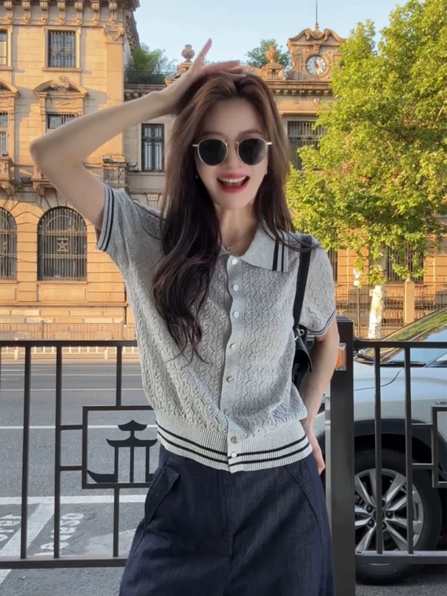 한 부서 POLO 칼라 화이트 스트라이프 니트 반팔 티셔츠 여성 여름 고급 센스 품격 다용도 홀로우 아웃 작은 맨위 상세 이미지 7