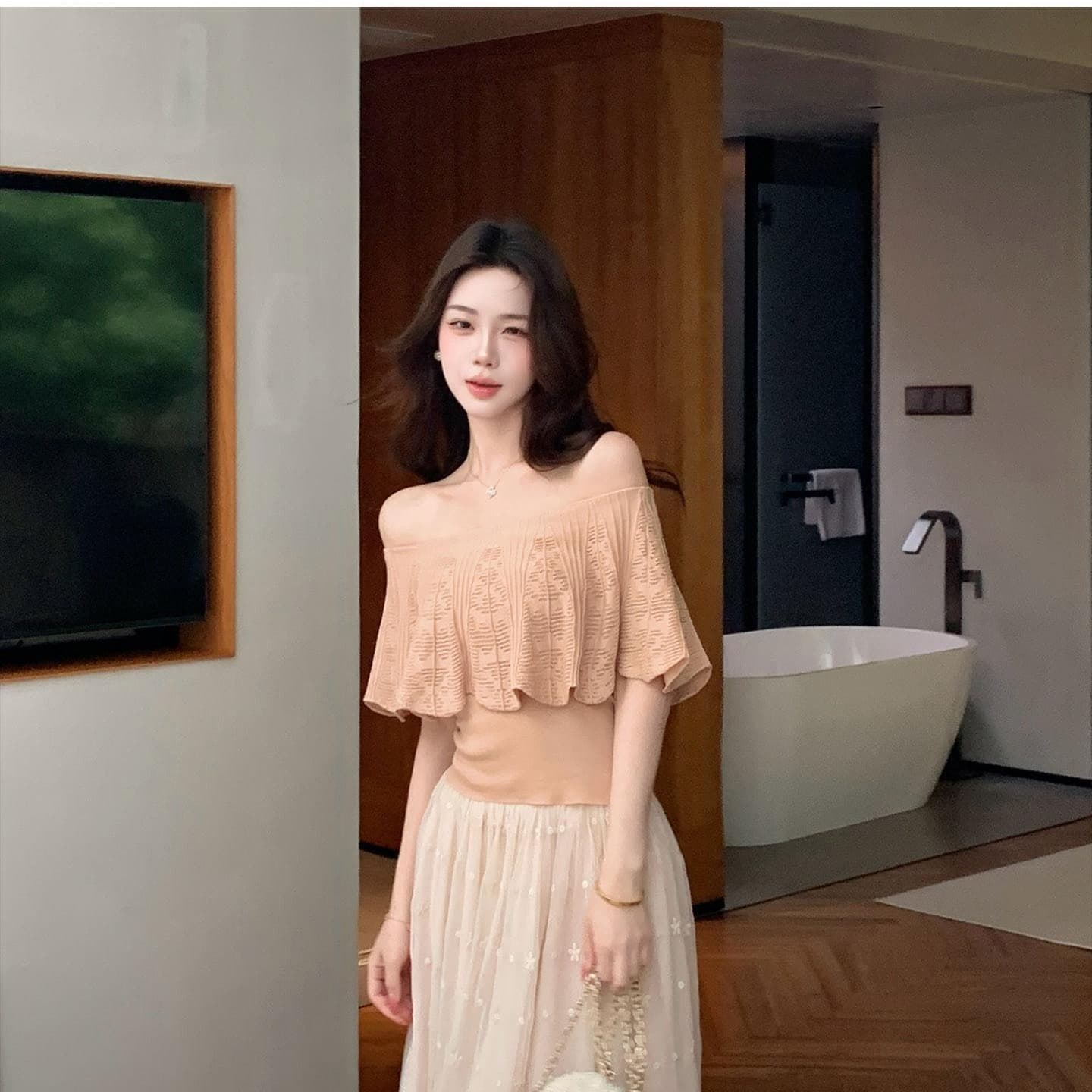 한 부서 부드러운 바람 오프숄더 홀로우 아웃 니트 스웨터 여성 여름 새로운 품격 몸매 가꾸기 슬림해 보이는 다용도 연령 감소 맨위 상세 이미지 5