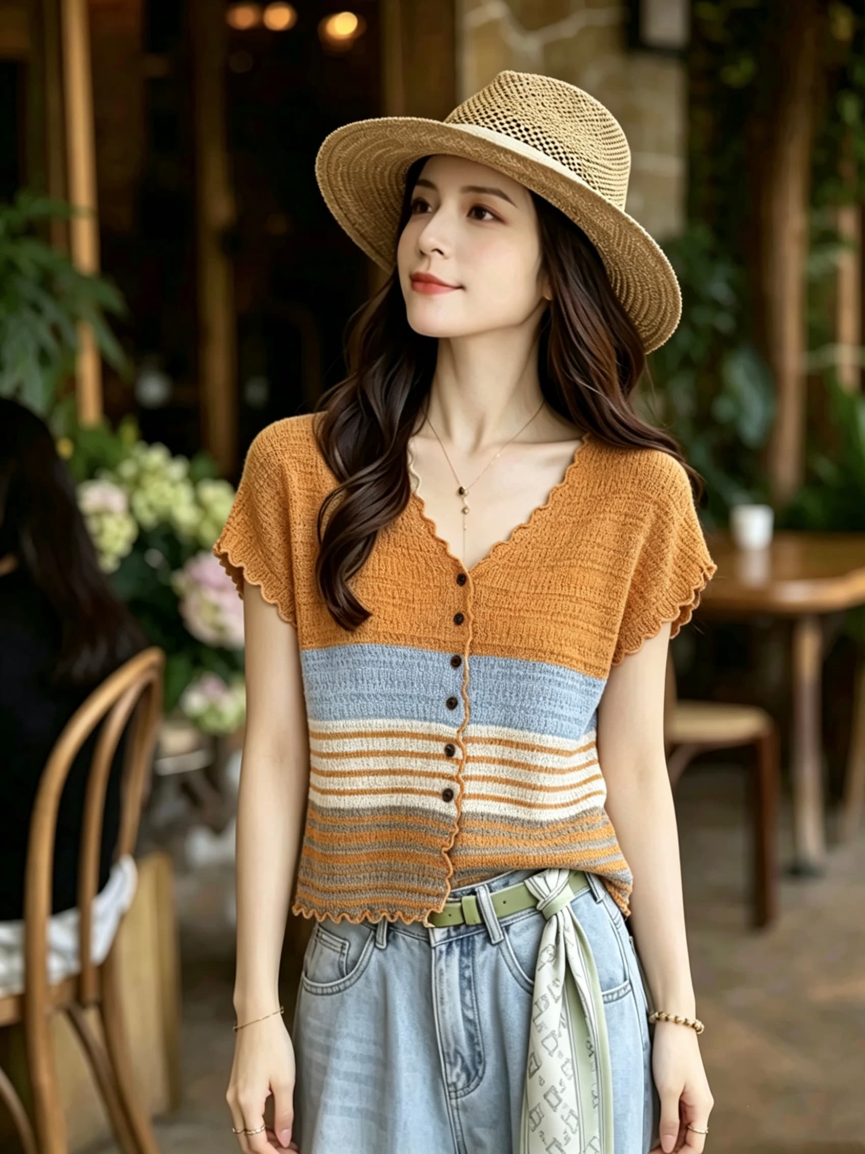 2026 여름 새로운 V넥 무늬 쇼트 스타일 패치워크 색상 니트 스웨터 여성 오픈 가디건 슬림해 보이는 맨위 이미지 4