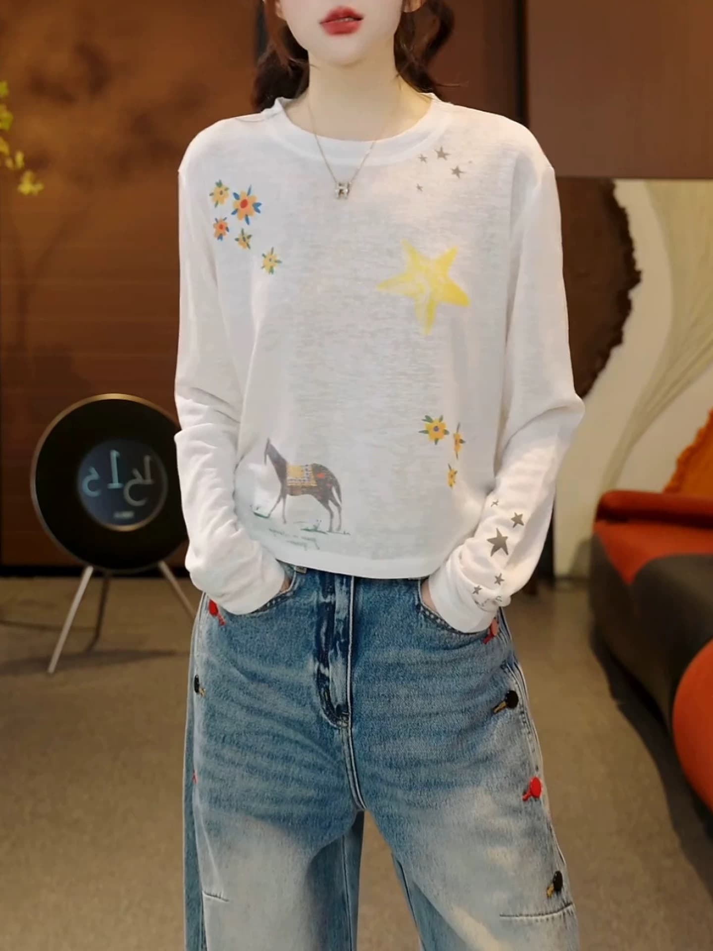 한국 스타일 자외선 차단 긴팔 프린트 티셔츠 여성 여름 새로운 황색 라운드 넥 풀오버 다용도 연령 감소 휴가 바람 맨위 이미지 4