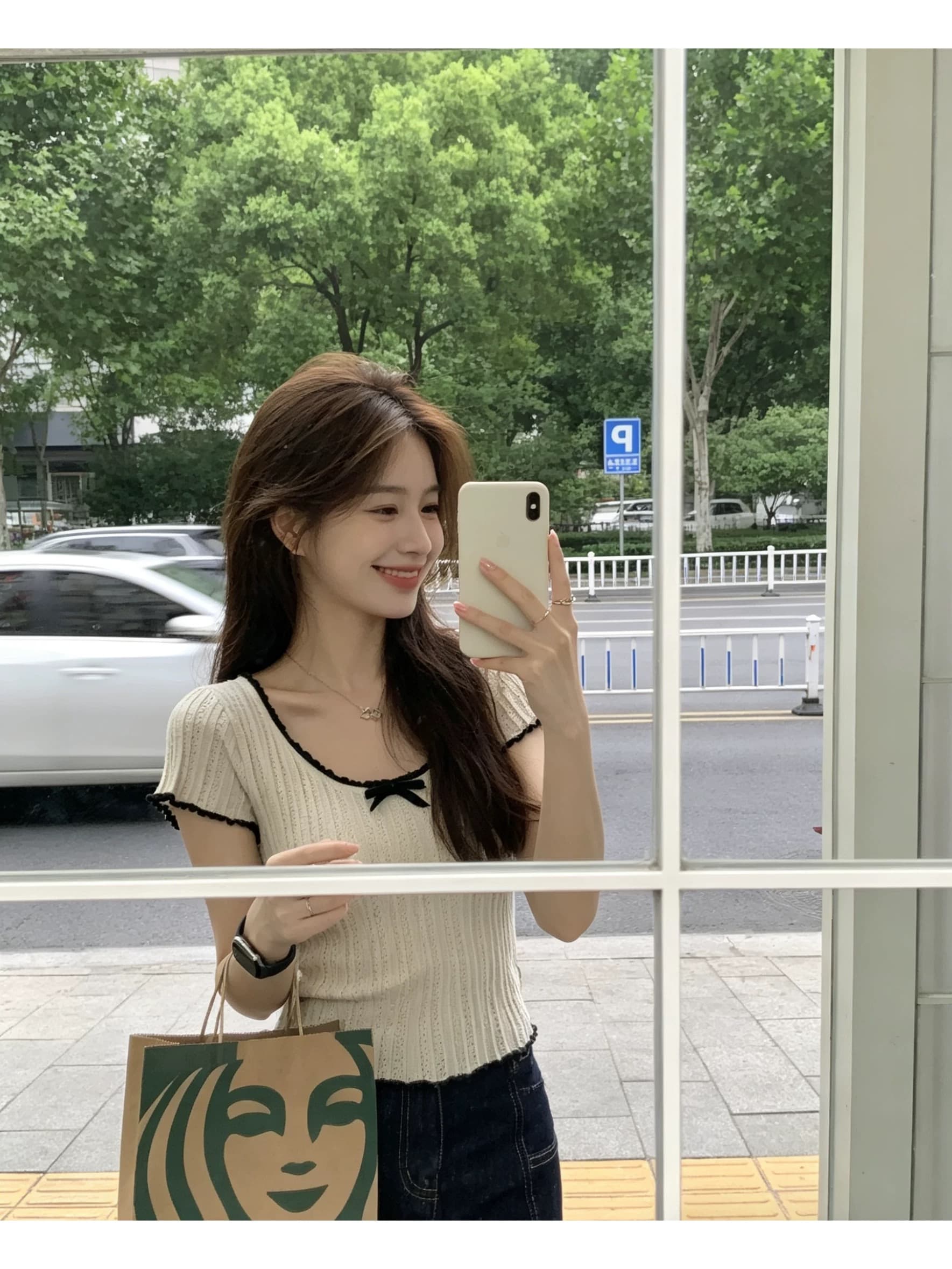 순수한 욕망 아름다운 여름 프랑스식 배색 나비 매듭 홀로우 아웃 몸매 가꾸기 니트 반팔 티셔츠 여성 짧은 달콤한 매운맛 맨위 이미지 3
