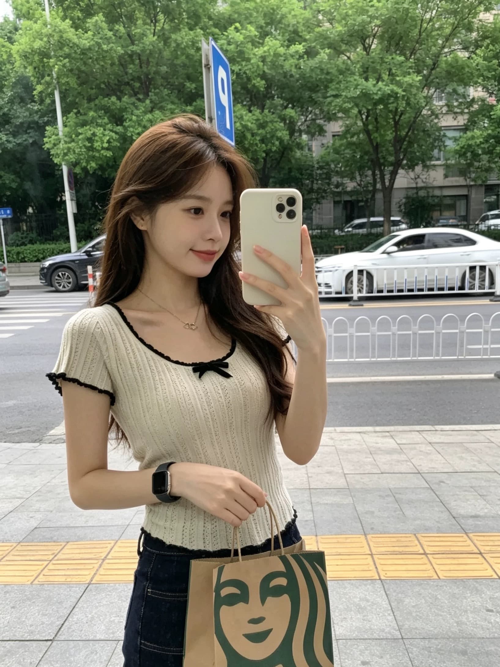 순수한 욕망 아름다운 여름 프랑스식 배색 나비 매듭 홀로우 아웃 몸매 가꾸기 니트 반팔 티셔츠 여성 짧은 달콤한 매운맛 맨위 상세 이미지 1
