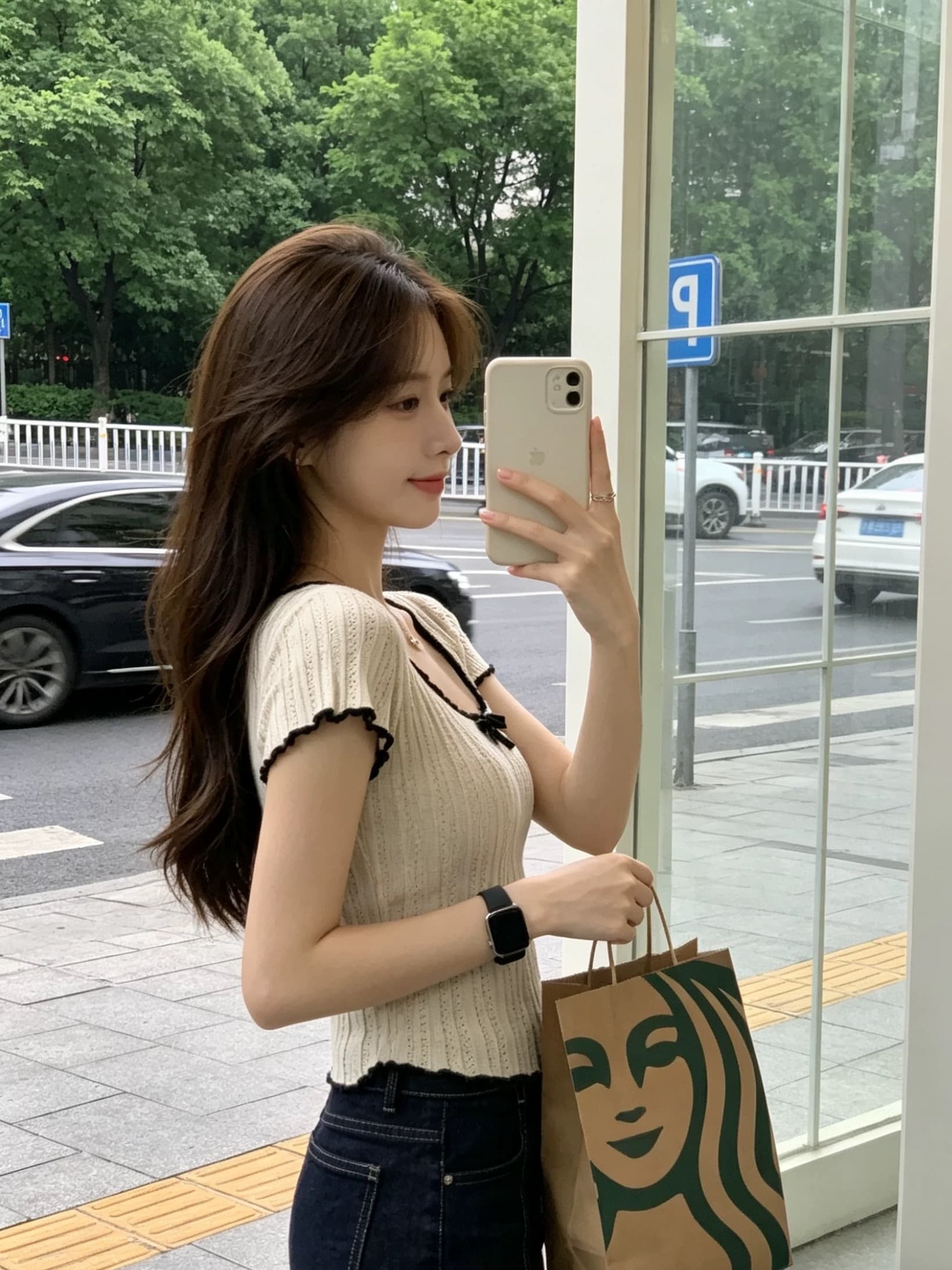 순수한 욕망 아름다운 여름 프랑스식 배색 나비 매듭 홀로우 아웃 몸매 가꾸기 니트 반팔 티셔츠 여성 짧은 달콤한 매운맛 맨위 상세 이미지 5