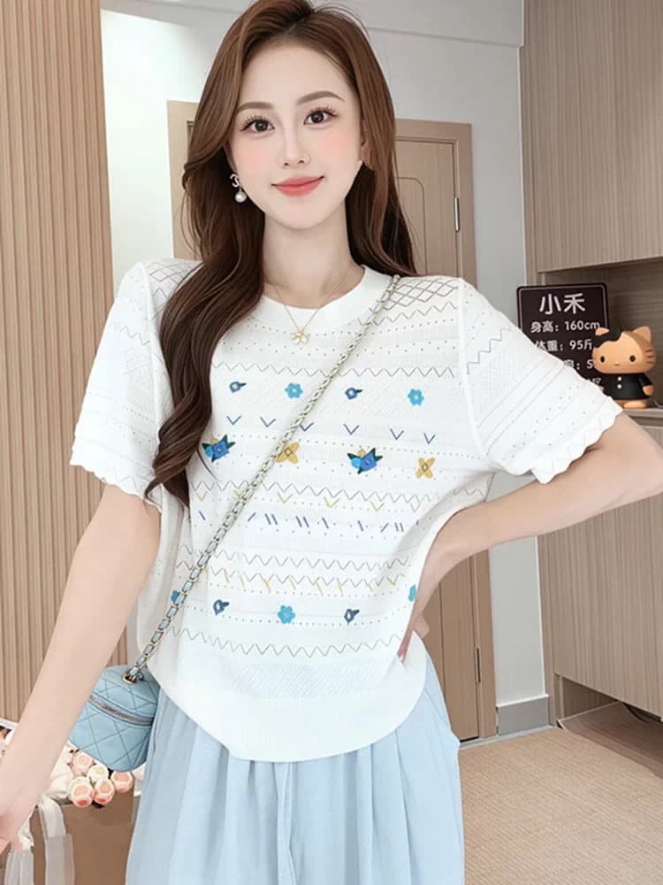 프랑스식 신선함 달콤함 색상 자수 얼음 실크 니트 스웨터 여성 여름 Chic 작은 대중 연령 감소 반팔 티셔츠 맨위 상세 이미지 1