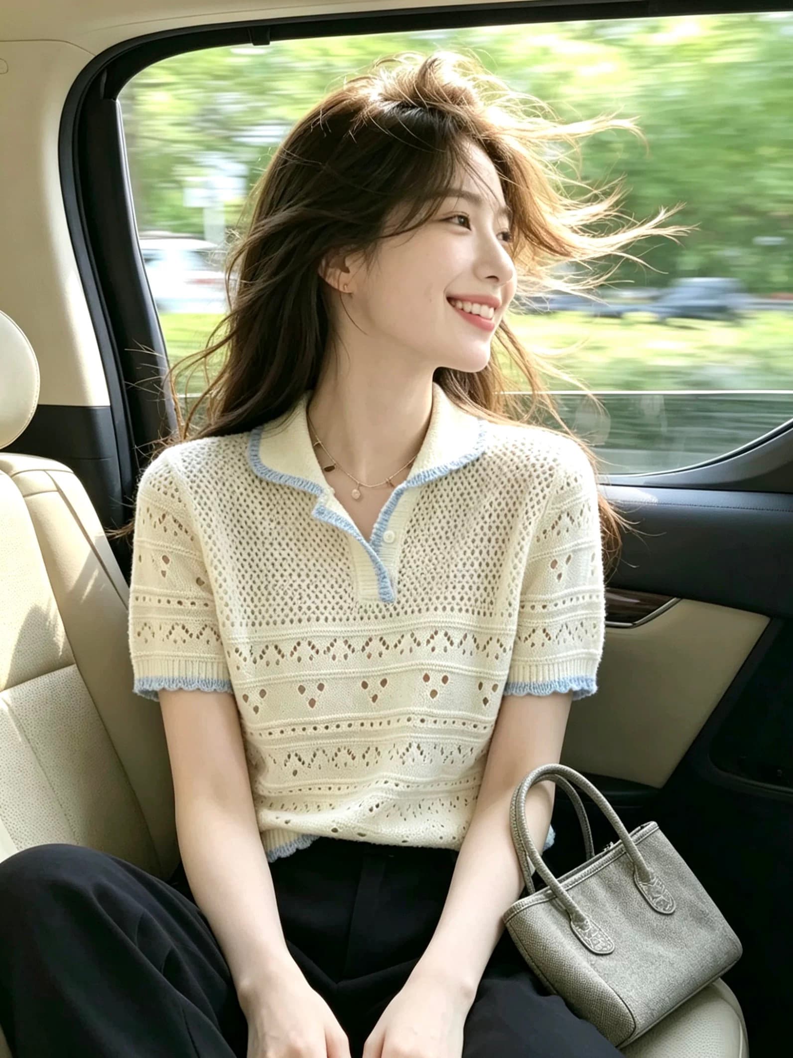 프랑스식 배색 칼라 측면 홀로우 아웃 자수 니트 스웨터 여성 여름 새로운 디자인 센스 작은 대중 외부 가져 가라. 몸매 가꾸기 맨위 트렌디 이미지 4