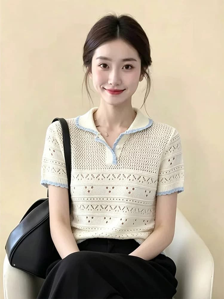 프랑스식 배색 작은 청신 칼라 측면 홀로우 아웃 자수 니트 스웨터 여성 여름 새로운 반팔 디자인 센스 연령 감소 맨위 이미지 3