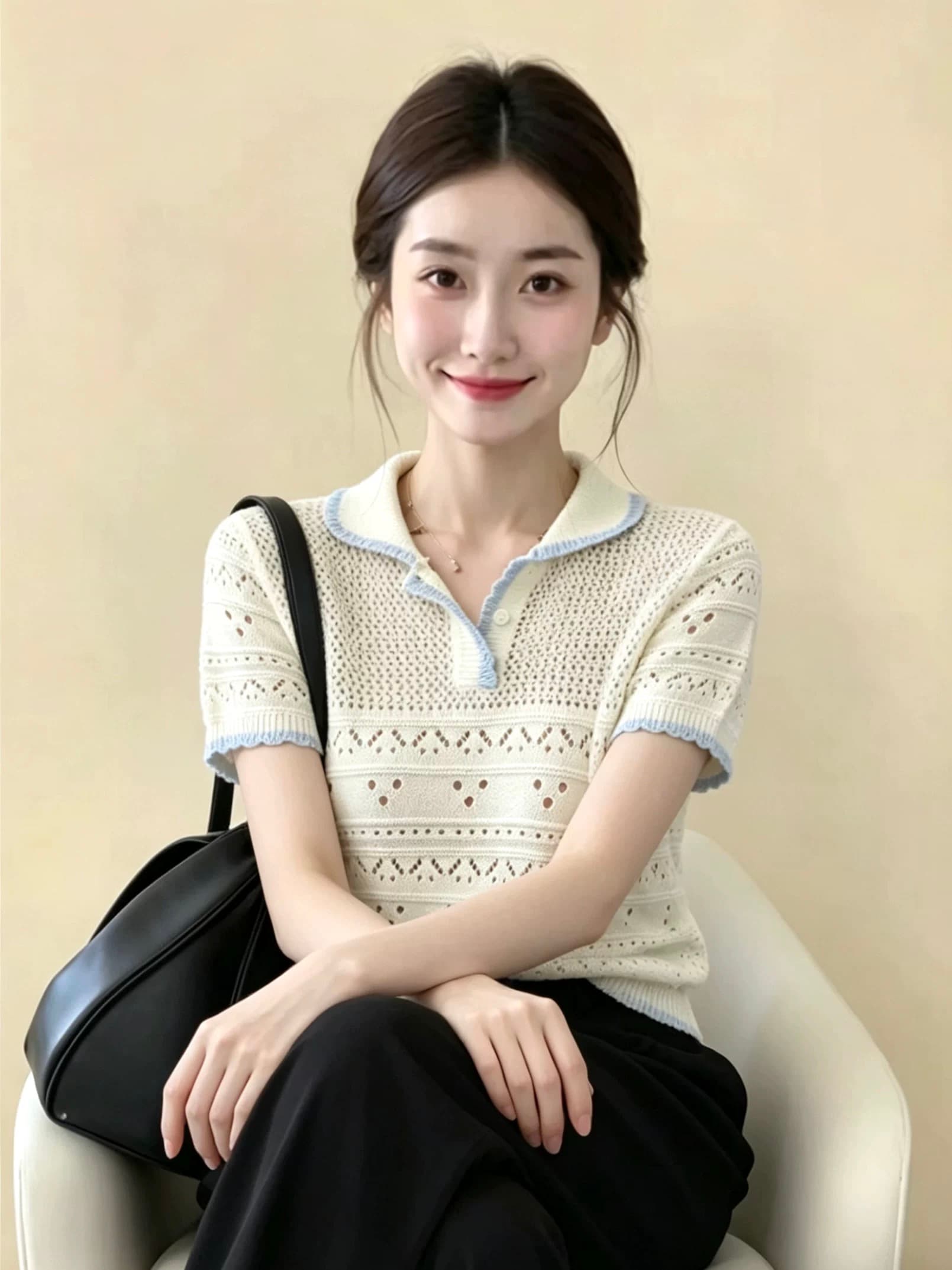 프랑스식 배색 작은 청신 칼라 측면 홀로우 아웃 자수 니트 스웨터 여성 여름 새로운 반팔 디자인 센스 연령 감소 맨위 상세 이미지 2