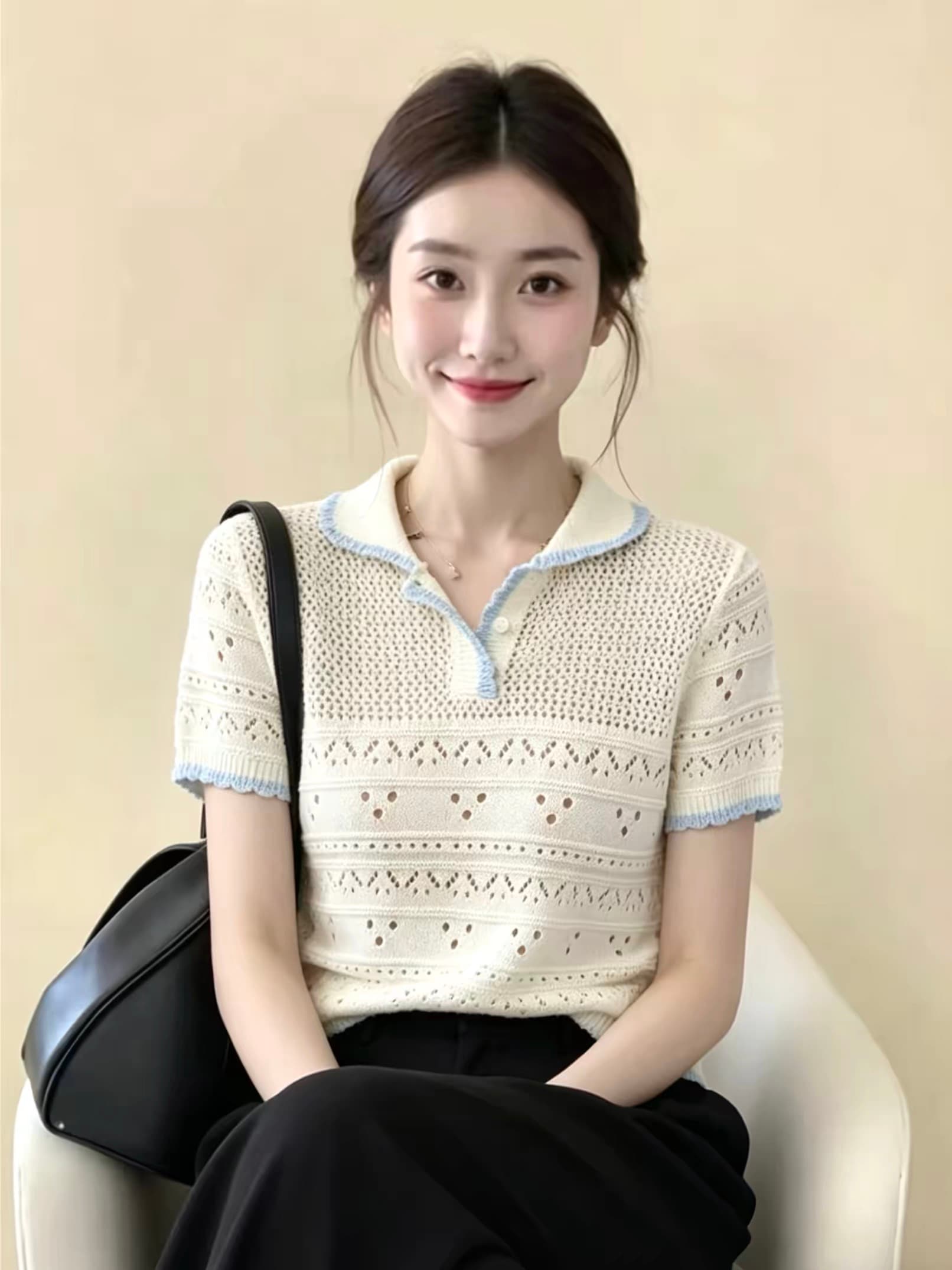 프랑스식 배색 작은 청신 칼라 측면 홀로우 아웃 자수 니트 스웨터 여성 여름 새로운 반팔 디자인 센스 연령 감소 맨위 상세 이미지 4