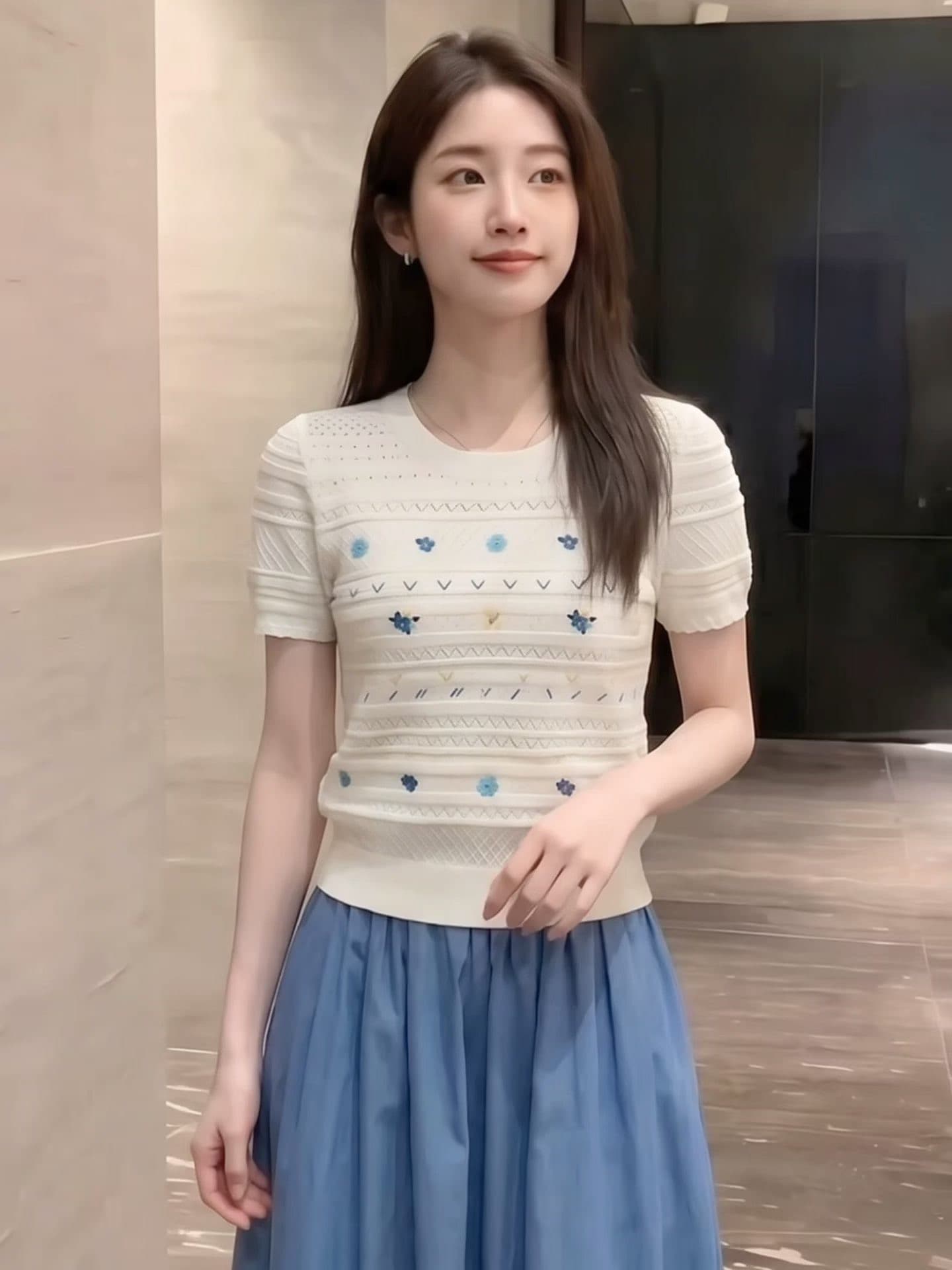 작은 청신 색상 자수 라운드 넥 반팔 니트 스웨터 여성 여름 얇은 스타일 거품 소매 긍정적 인 어깨 루즈핏 슬림해 보이는 맨위 상세 이미지 1