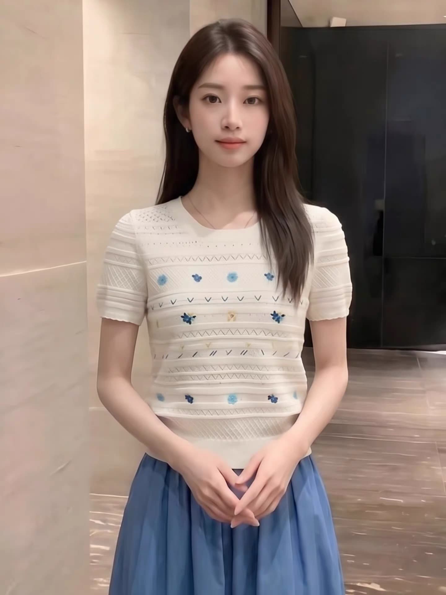 작은 청신 색상 자수 라운드 넥 반팔 니트 스웨터 여성 여름 얇은 스타일 거품 소매 긍정적 인 어깨 루즈핏 슬림해 보이는 맨위 상세 이미지 3