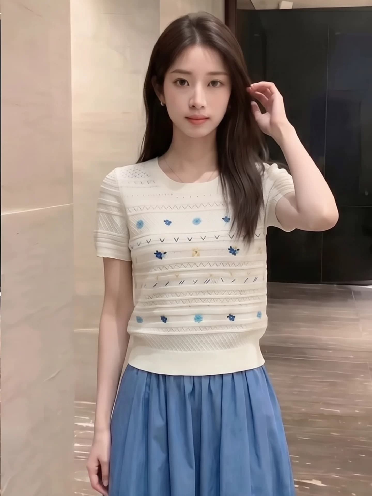작은 청신 색상 자수 라운드 넥 반팔 니트 스웨터 여성 여름 얇은 스타일 거품 소매 긍정적 인 어깨 루즈핏 슬림해 보이는 맨위 상세 이미지 4