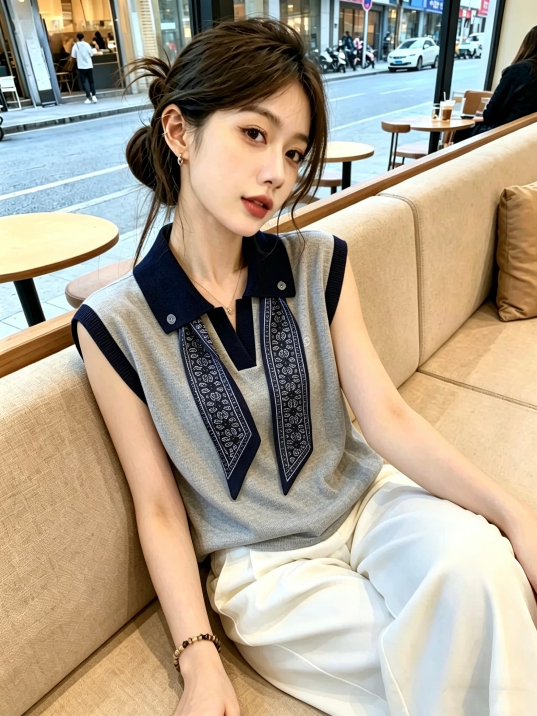 캐주얼 바람 스트라이프 POLO 칼라 스카프 니트 조끼 여성 여름 Chic 아름다운 민소매 맨위