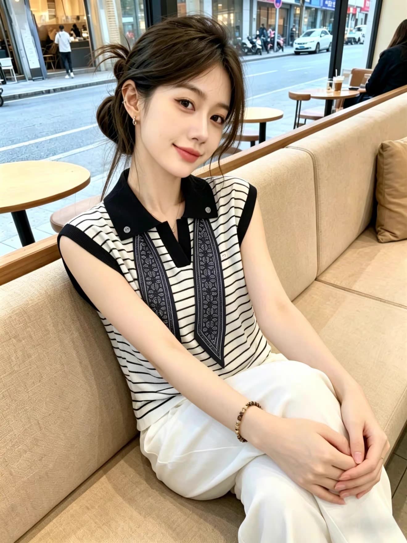 캐주얼 바람 스트라이프 POLO 칼라 스카프 니트 조끼 여성 여름 Chic 아름다운 민소매 맨위 상세 이미지 5