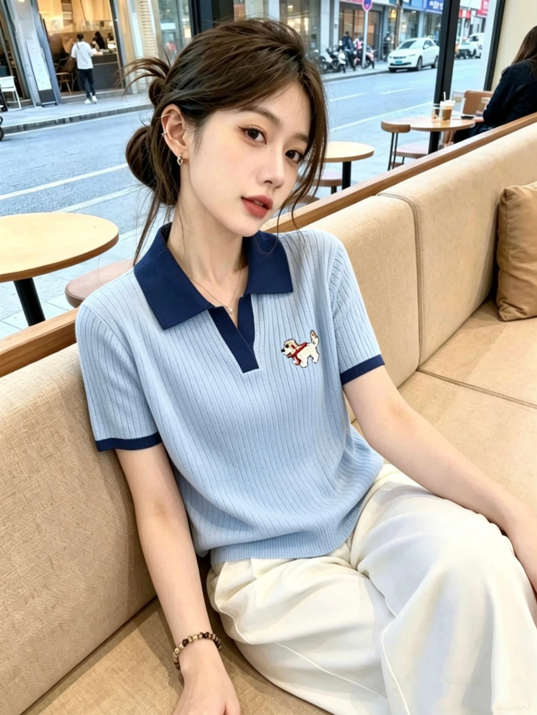 한 부서 POLO 칼라 배색 자수 반팔 니트 스웨터 여성 2026 여름 새로운 몸매 가꾸기 슬림해 보이는 외국 가스 맨위 트렌디