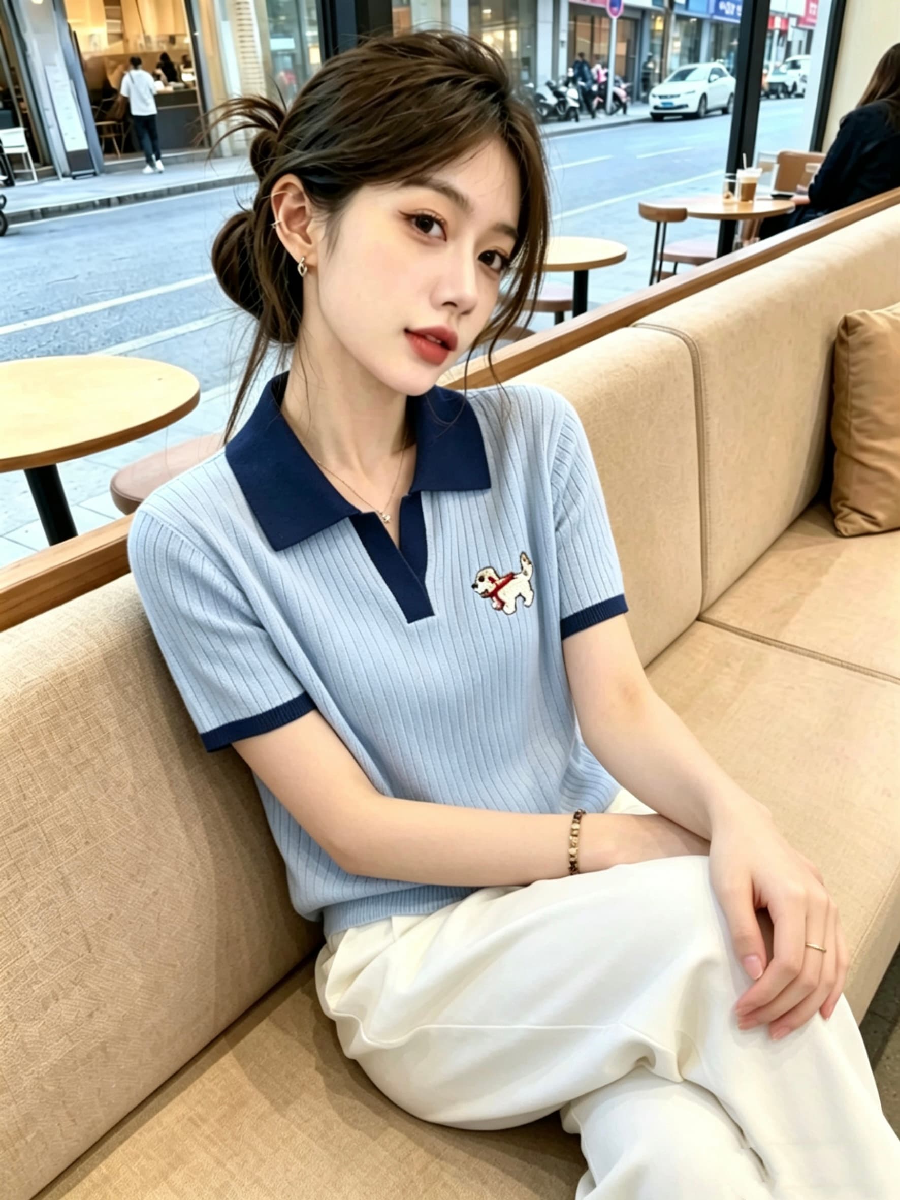한 부서 POLO 칼라 배색 자수 반팔 니트 스웨터 여성 2026 여름 새로운 몸매 가꾸기 슬림해 보이는 외국 가스 맨위 트렌디 이미지 2