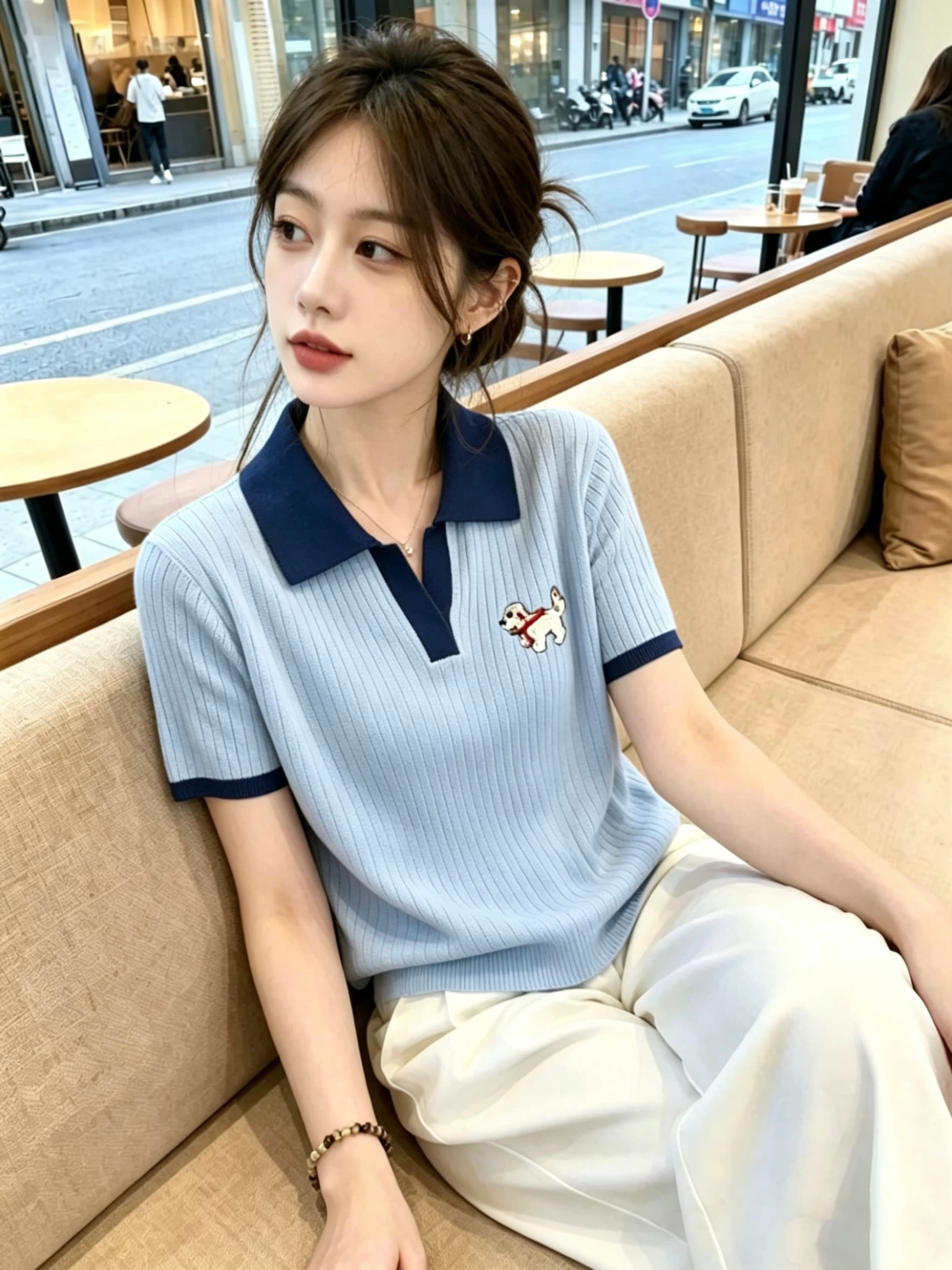 한 부서 POLO 칼라 배색 자수 반팔 니트 스웨터 여성 2026 여름 새로운 몸매 가꾸기 슬림해 보이는 외국 가스 맨위 트렌디 이미지 4