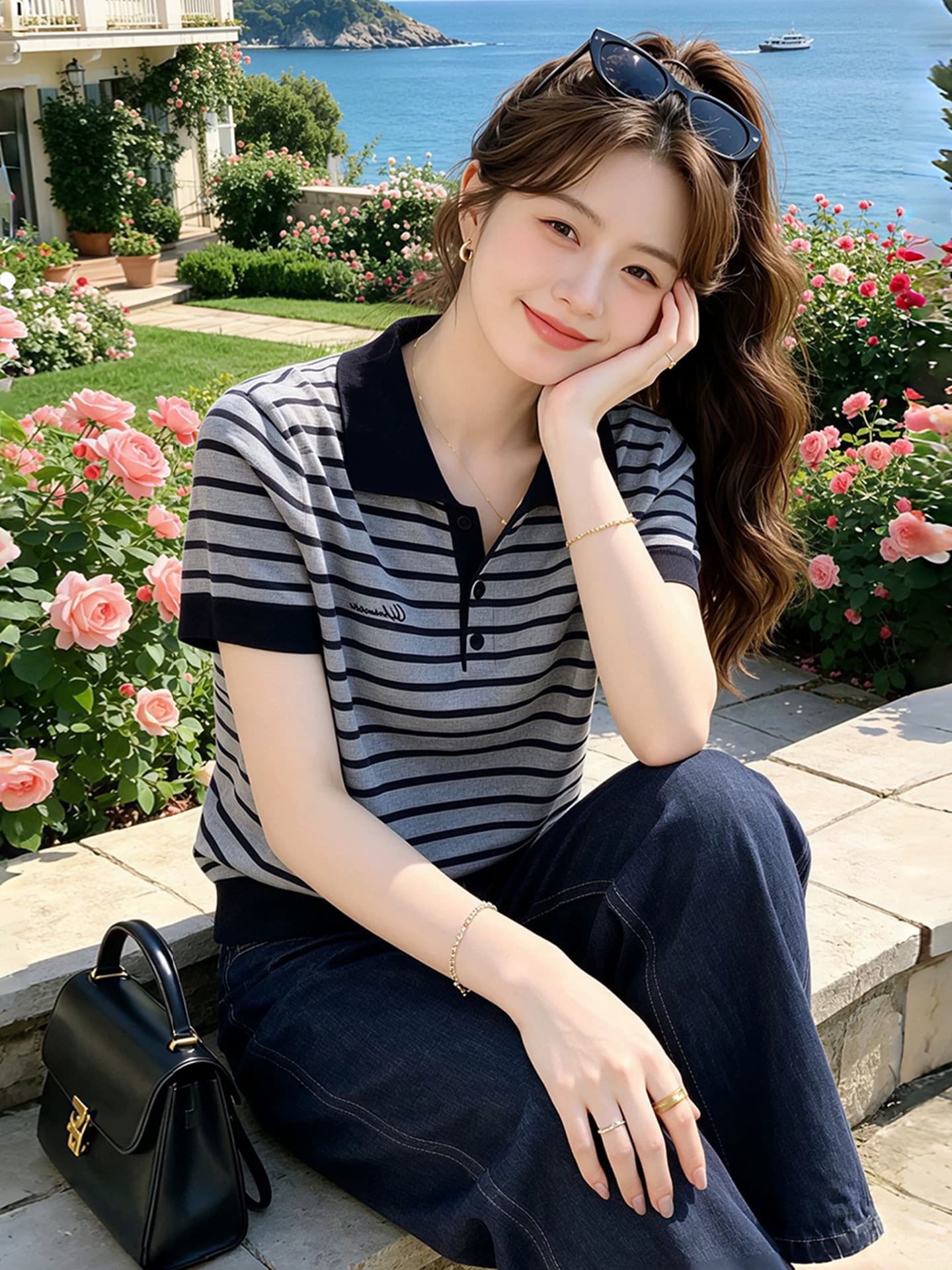 회색 스트라이프 반팔 몸매 가꾸기 티셔츠 여성 2026 여름 POLO 칼라 여름 착용 가져 가라. 자이언트 잘 생긴 ~ 중 초여름 맨위 상세 이미지 4