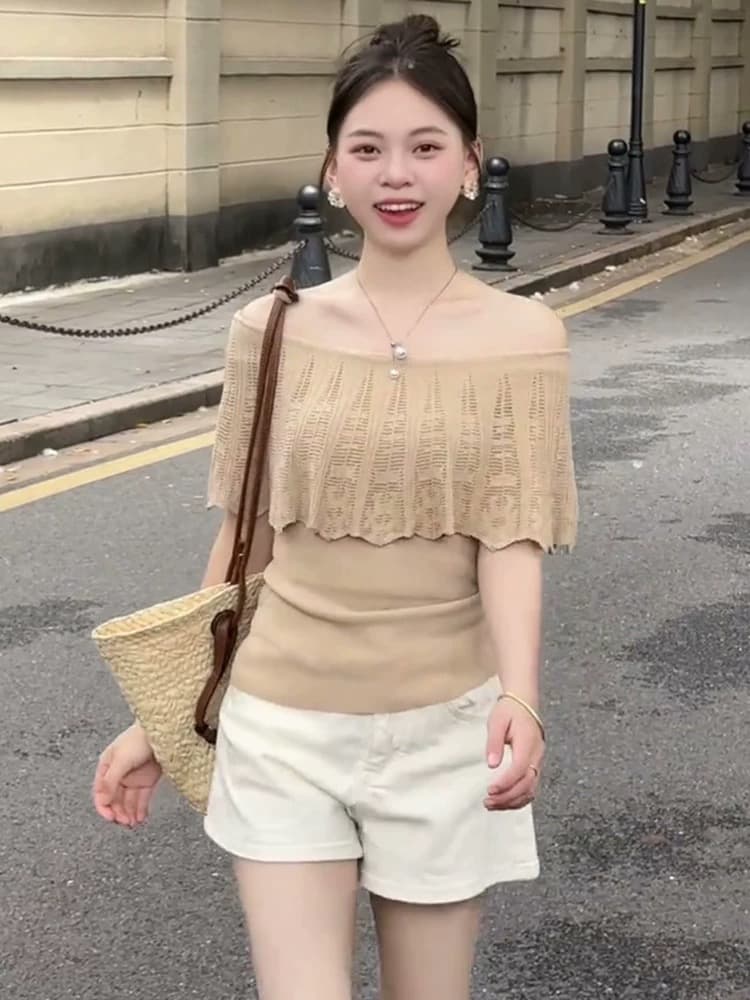 프랑스식 슈퍼 잘 생긴 홀로우 아웃 오프숄더 니트 스웨터 여성 여름 올해 인기 폭발 몸매 가꾸기 슬림해 보이는 품격 맨위 상세 이미지 4