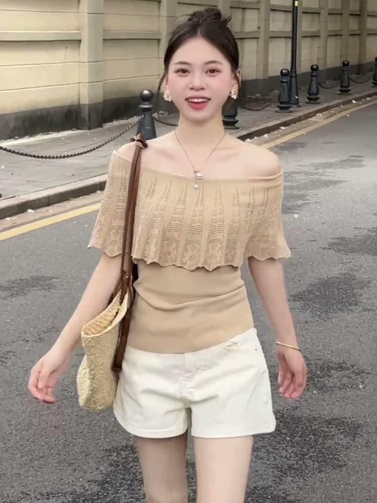 프랑스식 슈퍼 잘 생긴 홀로우 아웃 오프숄더 니트 스웨터 여성 여름 올해 인기 폭발 몸매 가꾸기 슬림해 보이는 품격 맨위 상세 이미지 5
