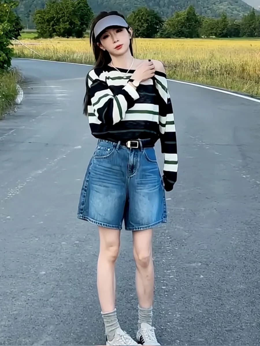 한국 스타일 레트로 배색 스트라이프 비스듬한 어깨 긴팔 티셔츠 여성 의류 여름 새로운 얇은 스타일 루즈핏 자외선 차단 블라우스 맨위 이미지 4