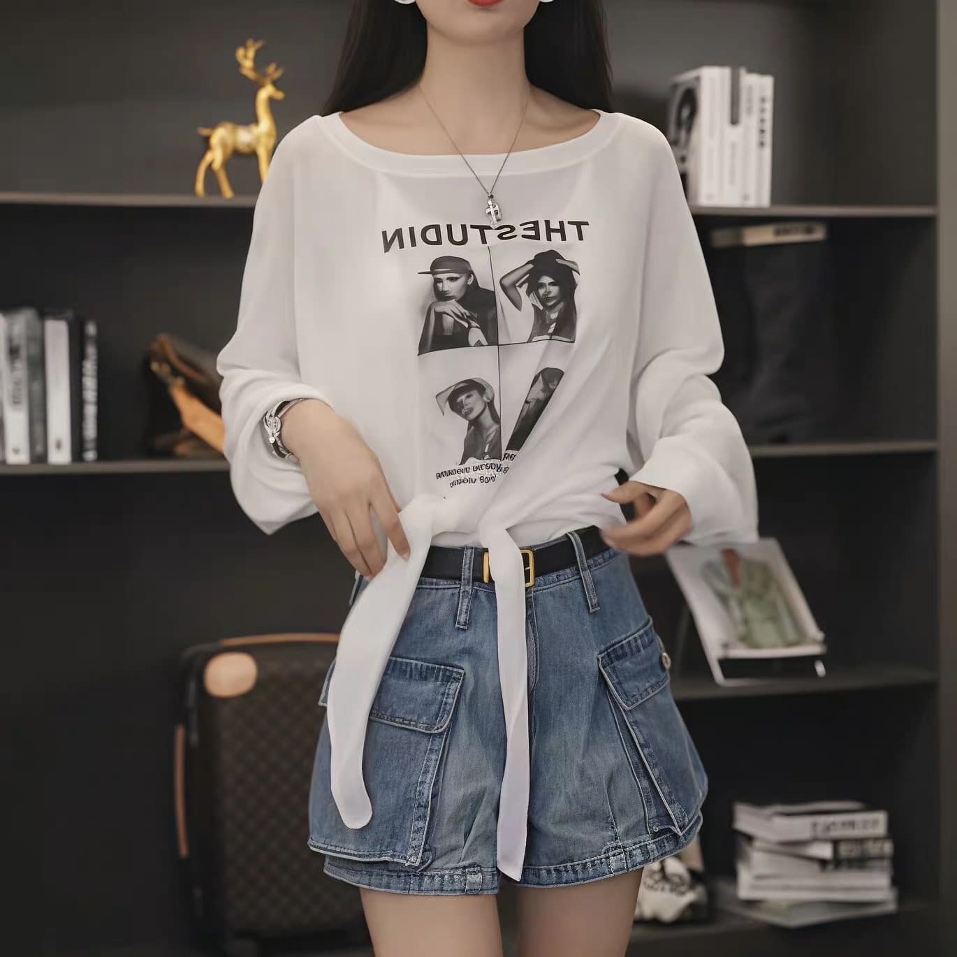 프린트 얇은 스타일 자외선 차단 긴팔 티셔츠 여성 2026 여름 새로운 화이트 에어컨 블라우스 디자인 센스 스트랩 맨위 이미지 6