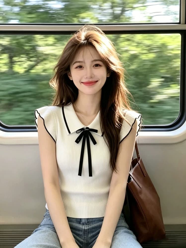 한 부서 화이트 POLO 칼라 니트 반팔 티셔츠 여성 여름 나비 매듭 폴로 칼라 작은 날다 소매 몸매 가꾸기 쇼트 스타일 맨위 이미지 3