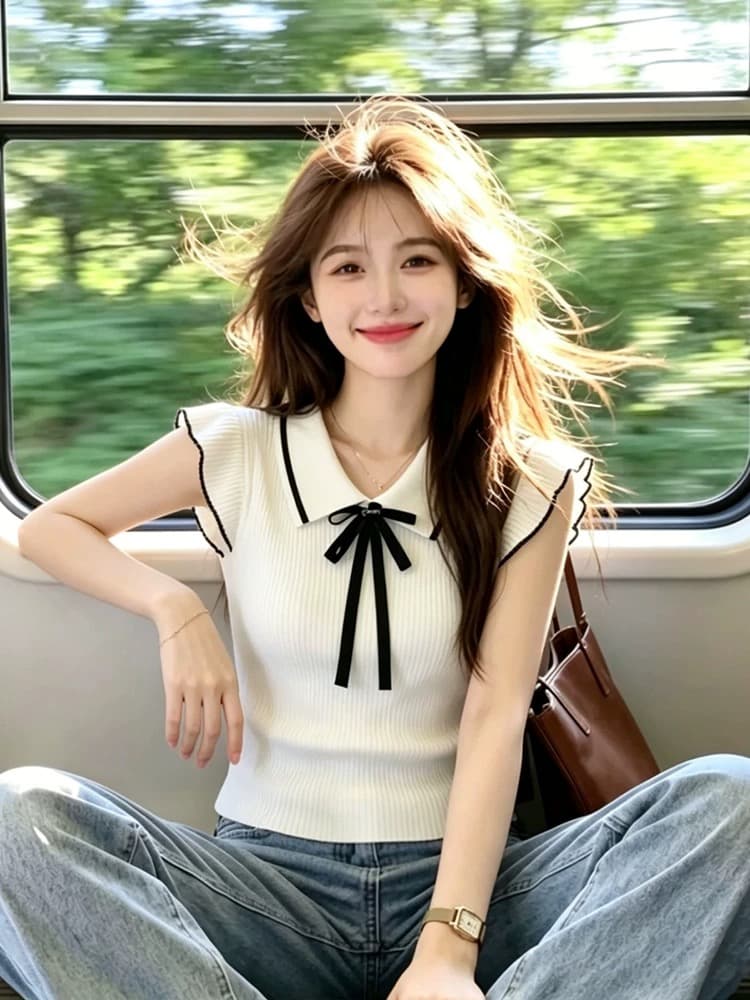 한 부서 화이트 POLO 칼라 니트 반팔 티셔츠 여성 여름 나비 매듭 폴로 칼라 작은 날다 소매 몸매 가꾸기 쇼트 스타일 맨위 상세 이미지 3