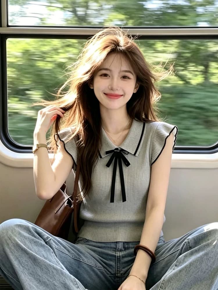 한 부서 화이트 POLO 칼라 니트 반팔 티셔츠 여성 여름 나비 매듭 폴로 칼라 작은 날다 소매 몸매 가꾸기 쇼트 스타일 맨위 상세 이미지 5