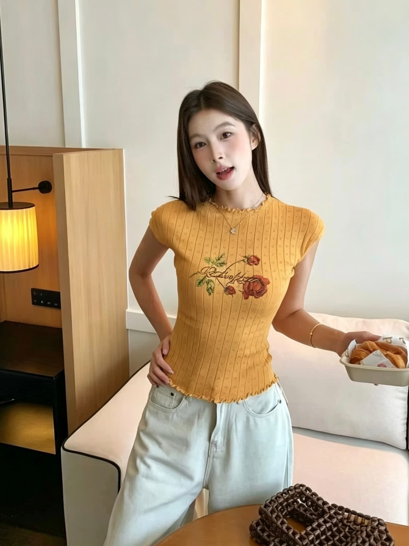 고급 센스 프릴 홀로우 아웃 Feifei 소매 짠 셔츠 여성 여름 순수한 욕망 바람 슬림해 보이는 맨위 상세 이미지 3