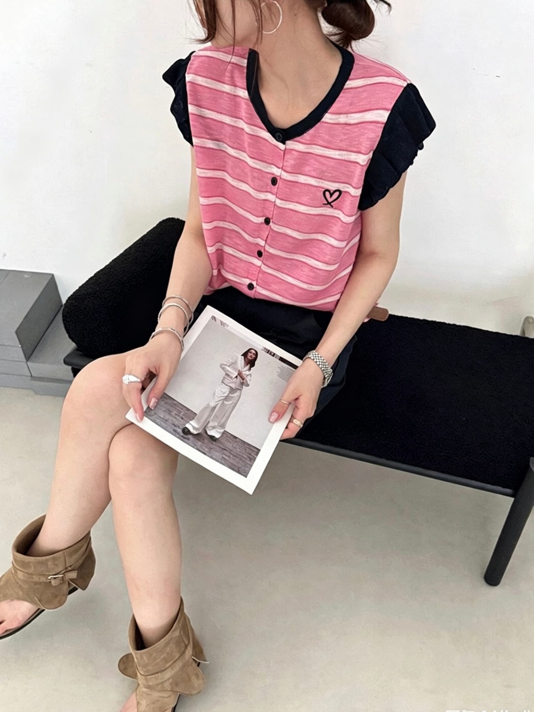 한 부서 하트 자수 싱글 줄 버튼 라운드 넥 스트라이프 작은 날다 소매 짠 셔츠 여성 여름 루즈핏 슬림해 보이는 다용도 얇은 맨위 이미지 4