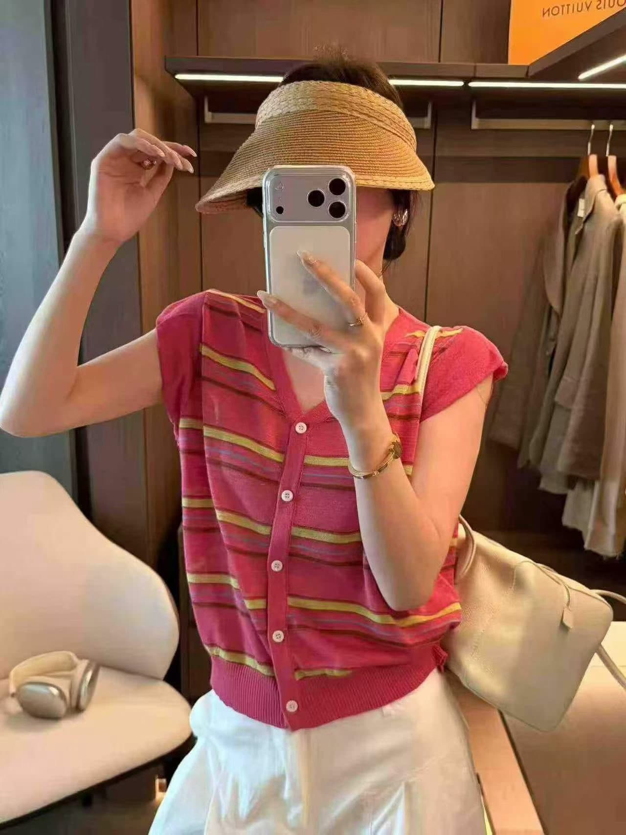 한 부서 색상 스트라이프 Feifei 소매 니트 조끼 여자 여름 얇은 스타일 V넥 싱글 줄 버튼 민소매 조끼 오픈 가디건 맨위 이미지 2