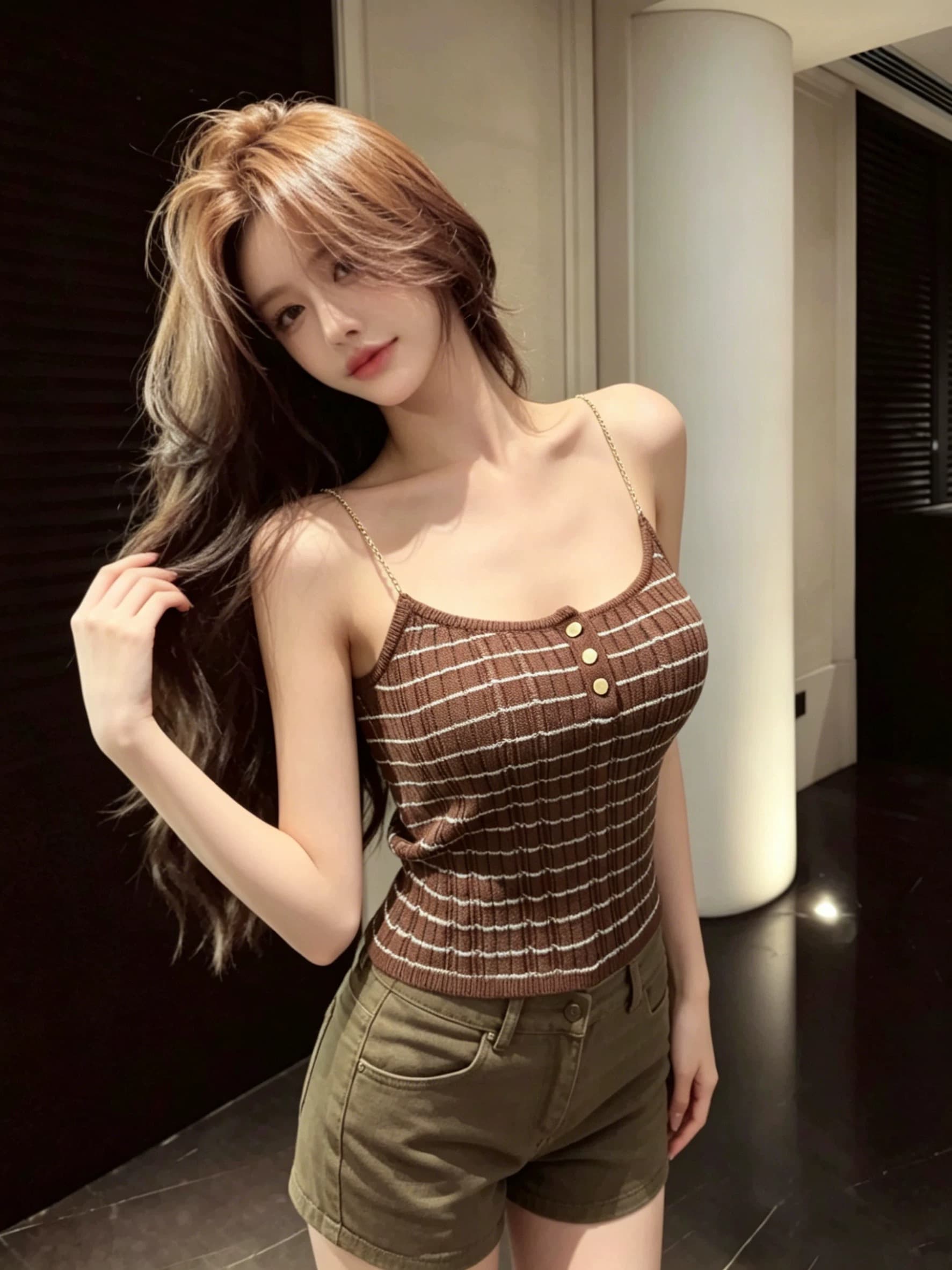 핫걸 바람 커피 색상 스트라이프 니트 슬립 여성 여름 체인 어깨끈 몸매 가꾸기 디스플레이 몸 맨위 이미지 2