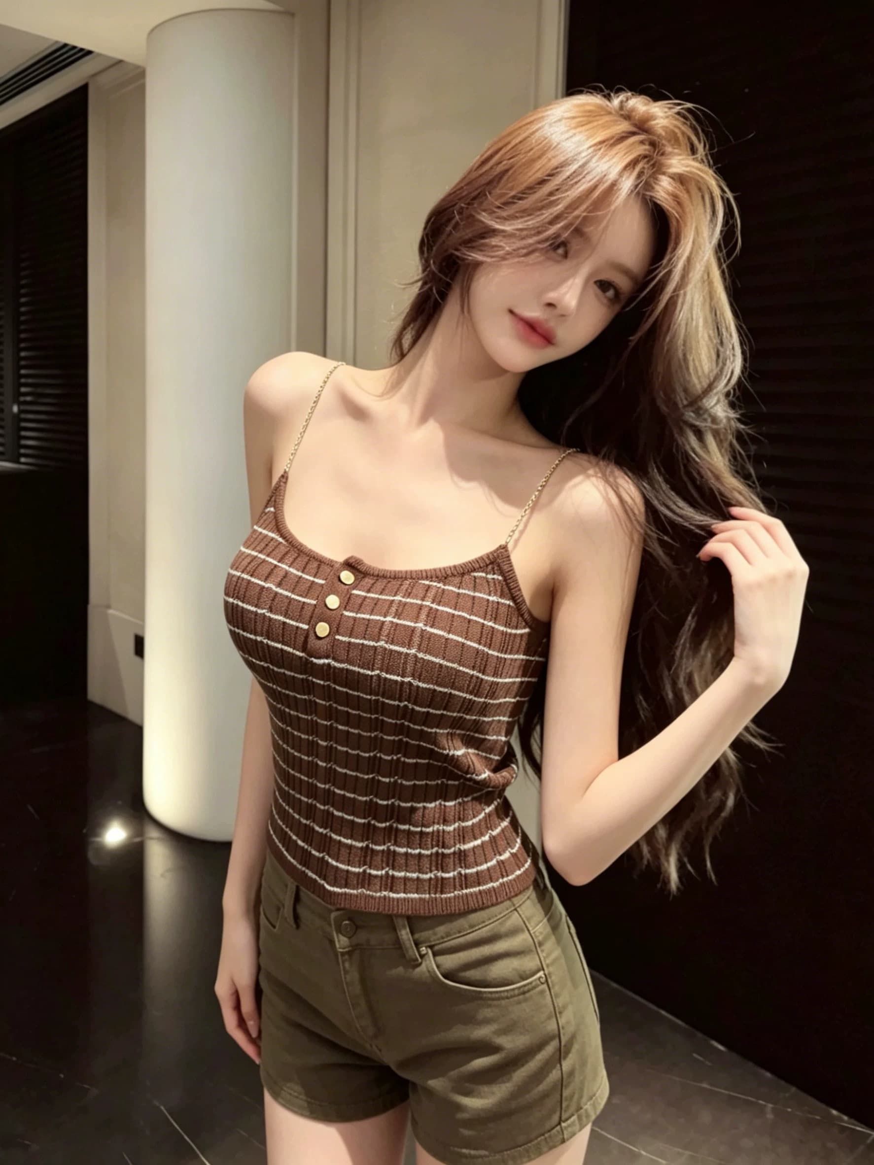 핫걸 바람 커피 색상 스트라이프 니트 슬립 여성 여름 체인 어깨끈 몸매 가꾸기 디스플레이 몸 맨위 상세 이미지 5