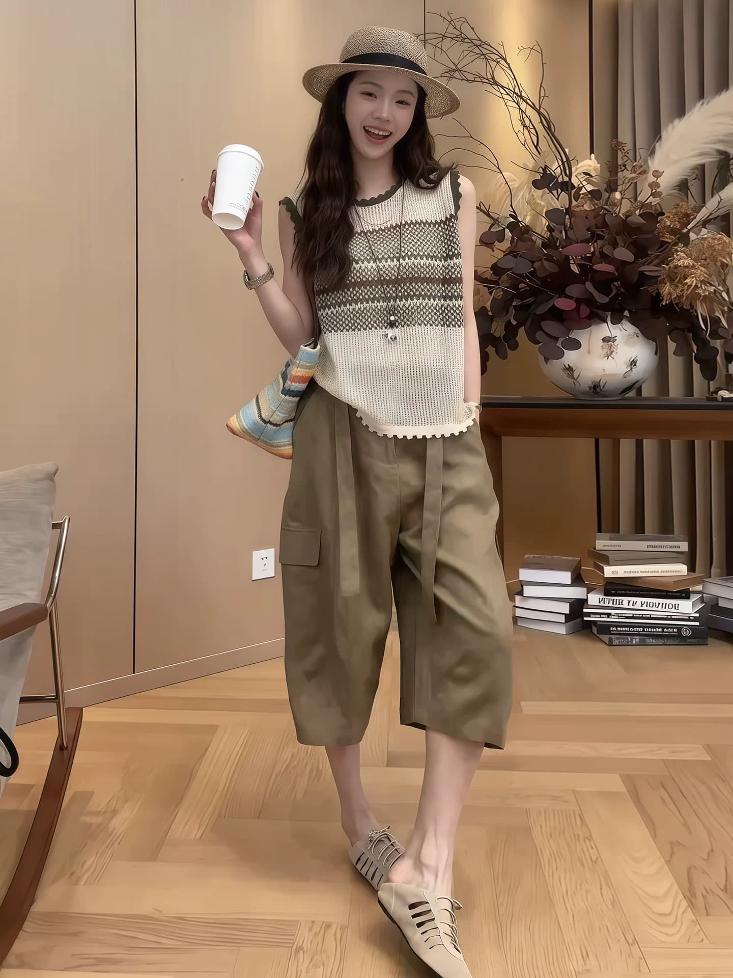 아름다운 아름다운 배색 홀로우 아웃 조끼 여성 여름 새로운 캐주얼 루즈핏 슬림해 보이는 다용도 외출용 민소매 얇은 맨위 이미지 5