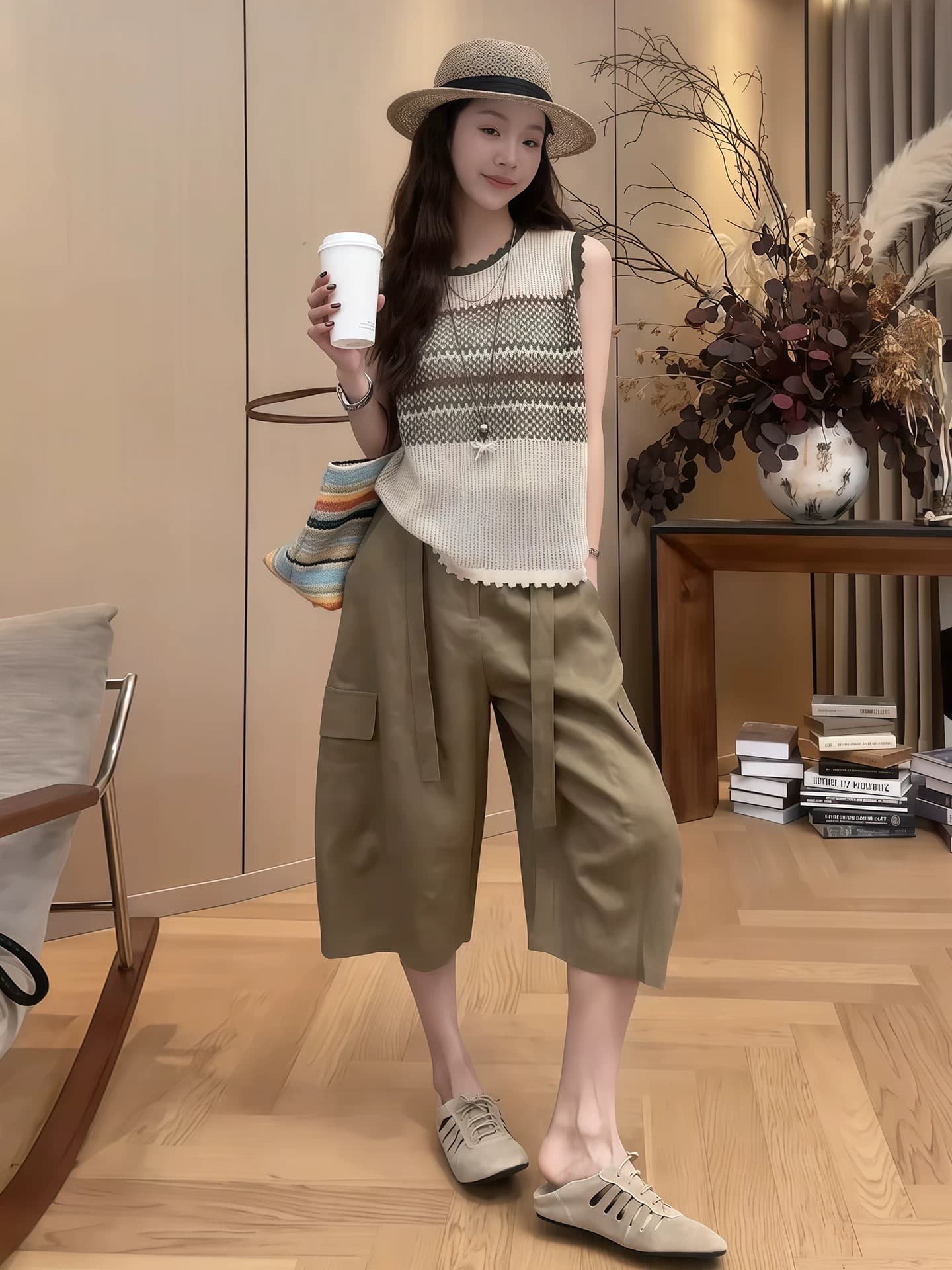 아름다운 아름다운 배색 홀로우 아웃 조끼 여성 여름 새로운 캐주얼 루즈핏 슬림해 보이는 다용도 외출용 민소매 얇은 맨위 이미지 3
