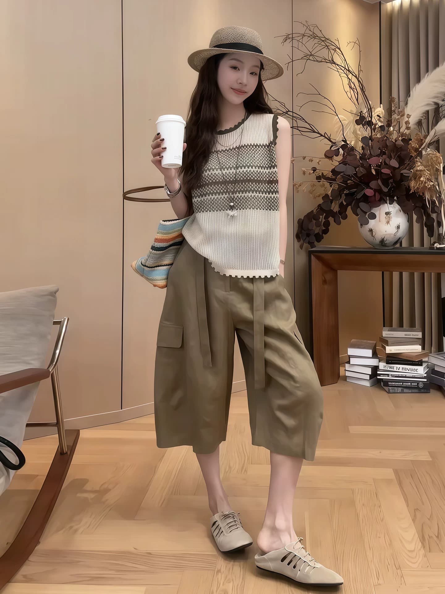 아름다운 아름다운 배색 홀로우 아웃 조끼 여성 여름 새로운 캐주얼 루즈핏 슬림해 보이는 다용도 외출용 민소매 얇은 맨위 상세 이미지 4