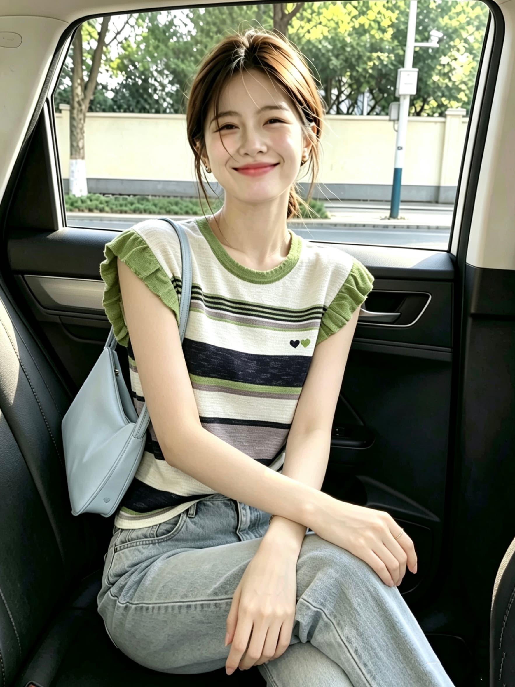 스트라이프 배색 작은 날다 소매 짠 셔츠 여성 26 여름 새로운 라운드 넥 하트 자수 다용도 맨위 이미지 4