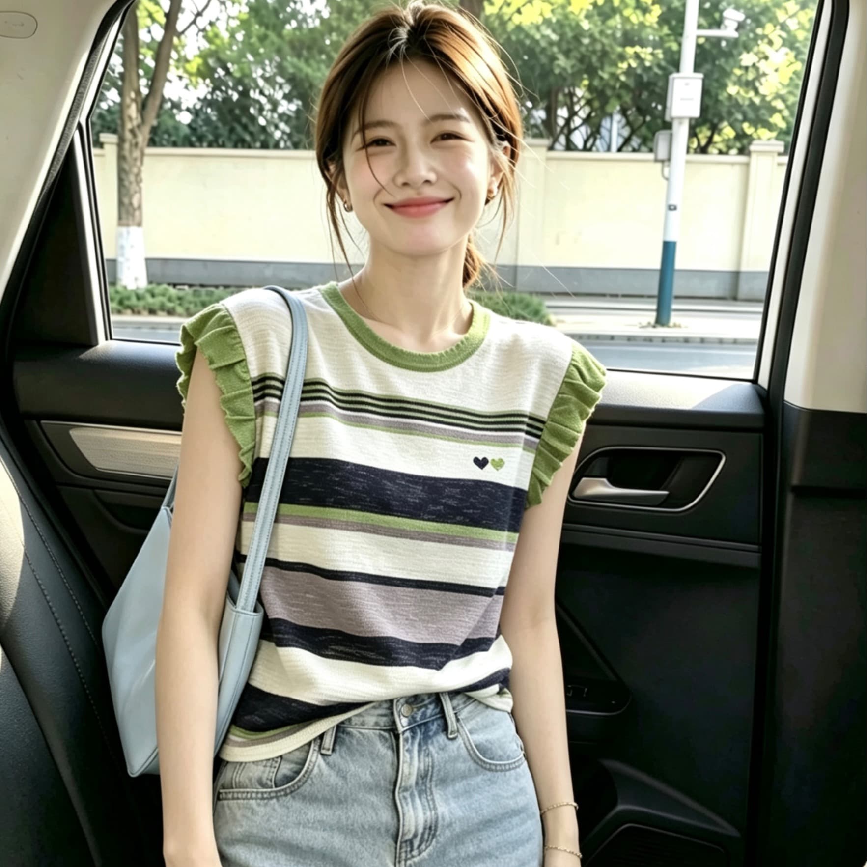 스트라이프 배색 작은 날다 소매 짠 셔츠 여성 26 여름 새로운 라운드 넥 하트 자수 다용도 맨위 이미지 5