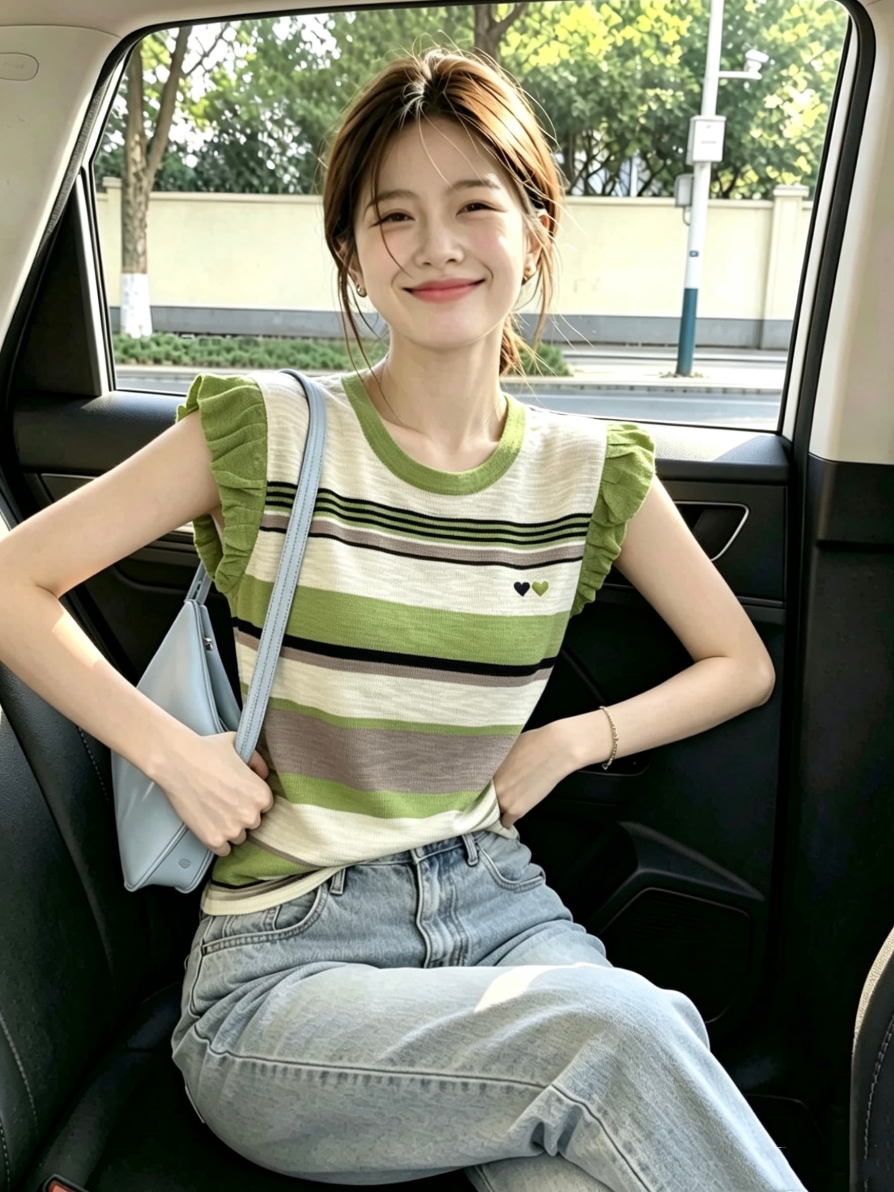 스트라이프 배색 작은 날다 소매 짠 셔츠 여성 26 여름 새로운 라운드 넥 하트 자수 다용도 맨위 상세 이미지 2