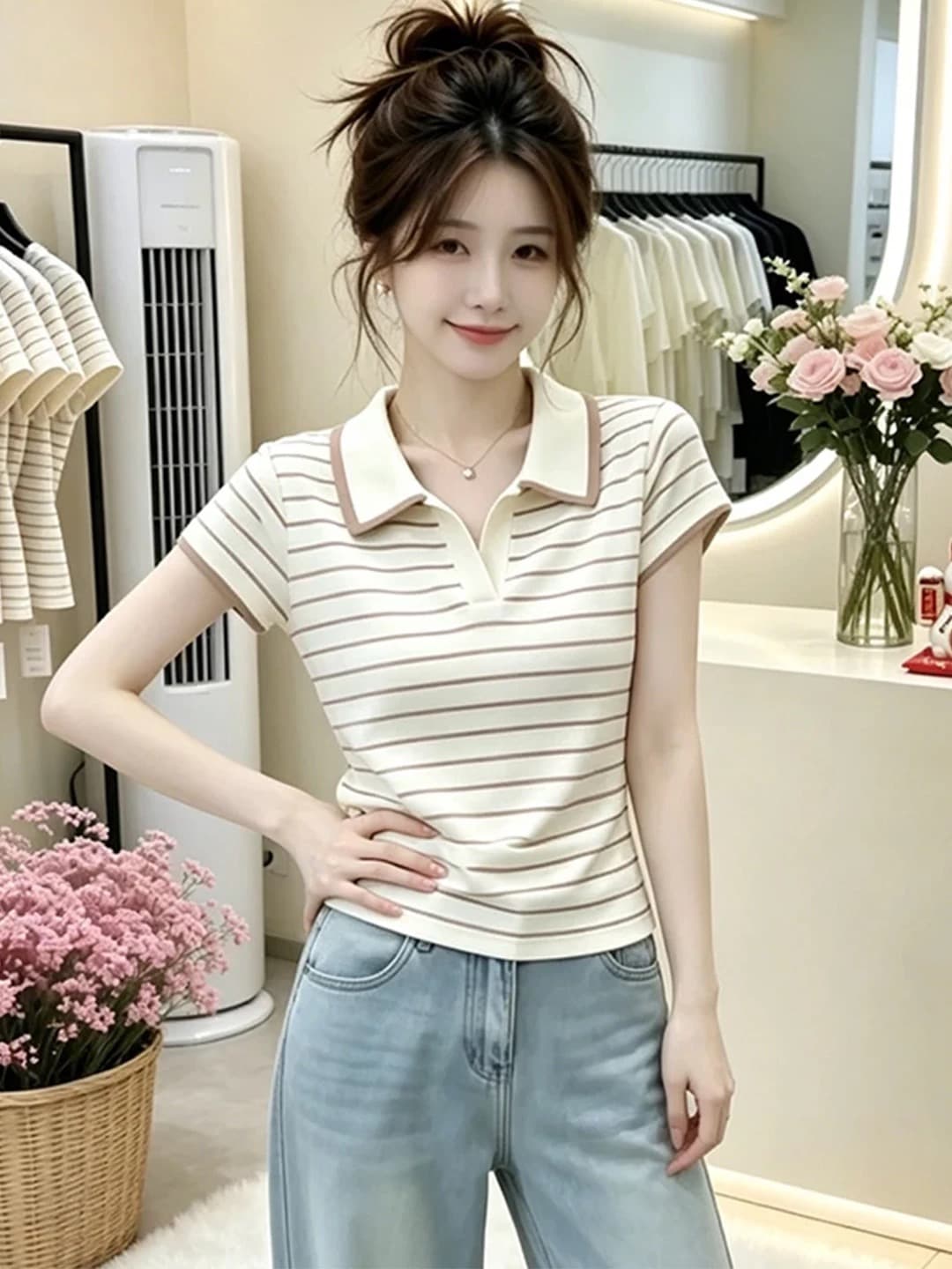 배색 스트라이프 POLO 칼라 반팔 티셔츠 여성 2026 여름 새로운 외국 가스 연령 감소 몸매 가꾸기 슬림해 보이는 품격 맨위 이미지 4