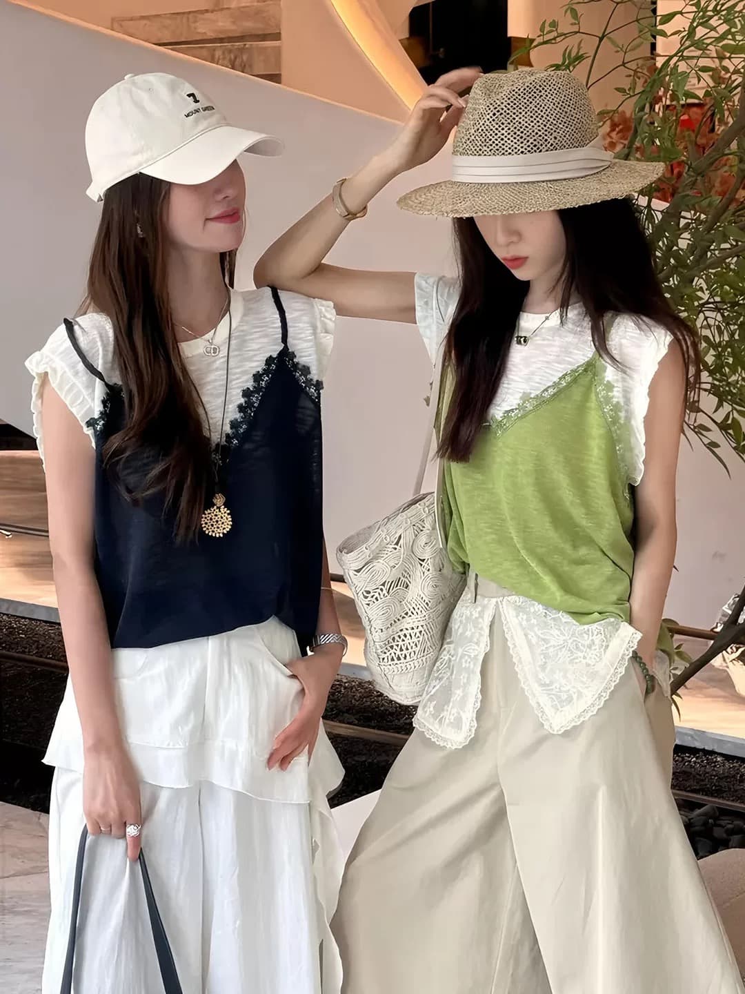 고급 센스 패치워크 색상 레이스 민소매 티셔츠 여성 여름 얇은 스타일 2026 새로운 페이크 레이어드 맨위 패션 외국 가스 이미지 2